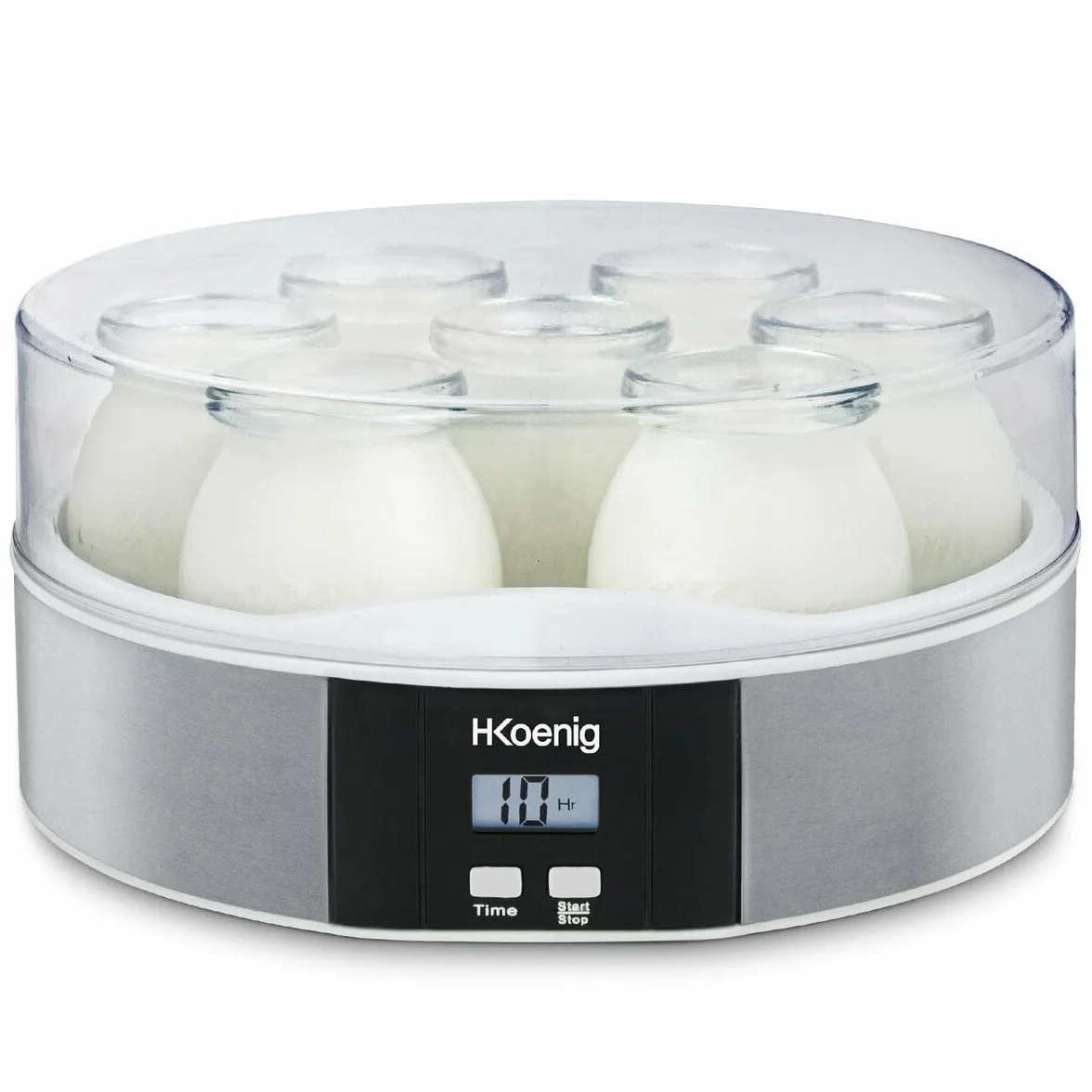 H.Koenig Yogurtiera 7 vasetti ELY70, Capacità 7 x 160 ml, Programmabile fino a 15 ore, Display LCD, Corpo in acciaio inox, Lavabile in lavastoviglie, Arresto automatico, Potenza 15 W