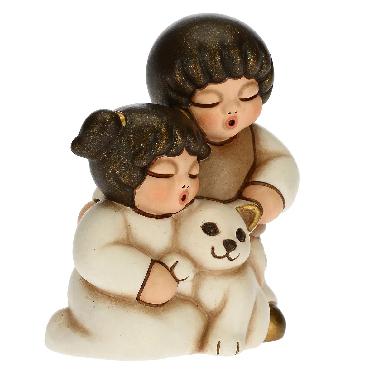 THUN - Statuina Presepe Coppia di Bambini con Gatto - Decorazioni Natale Casa - Linea Presepe Classico, Variante Bianca - Ceramica - 5,5 x 4 x 6,5 h cm