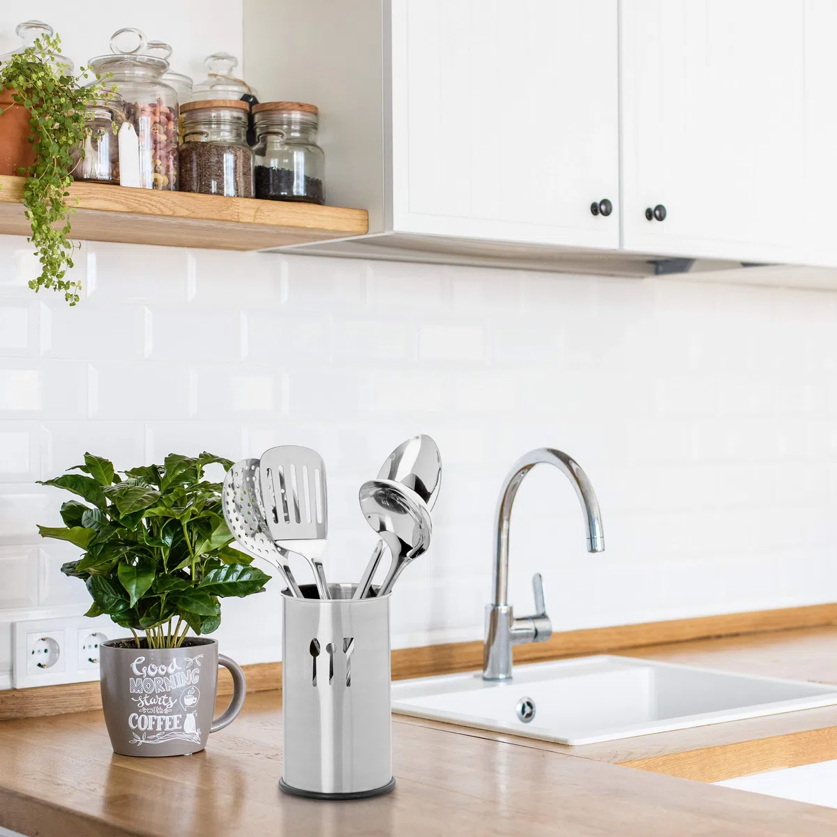 Relaxdays Porta Utensili da Cucina, Set da 5 Accessori, 4 Mestoli, Portaposate, Portamestoli, Kit in Acciaio, Argento
