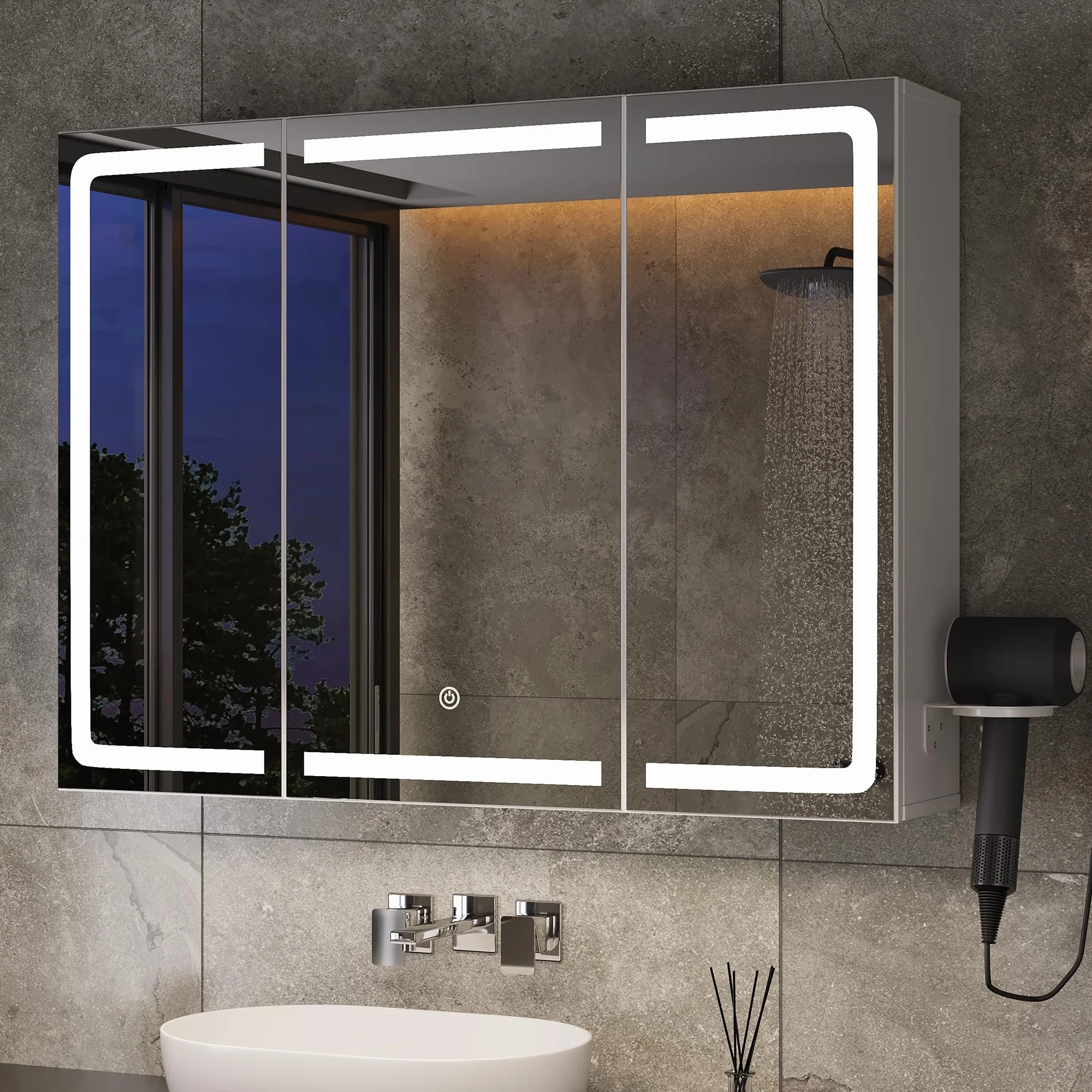 Xbro Armadietto Bagno con Specchio e Luce LED Regolabile, Mobile Bagno con Presa e Ripiano Laterale, Specchio Bagno Contenitore Sospeso per Spazi Compatti 80x16x60 cm