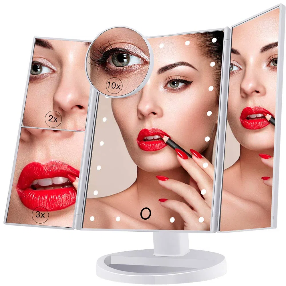 Nestling Specchio Per il Trucco Illuminato, Specchio Cosmetico per Vanità a 22 Luci a LED, Touch Screen Con Ingrandimento Triplo Ingrandimento 2X 3X 10X, Rotazione Libera di 180 °