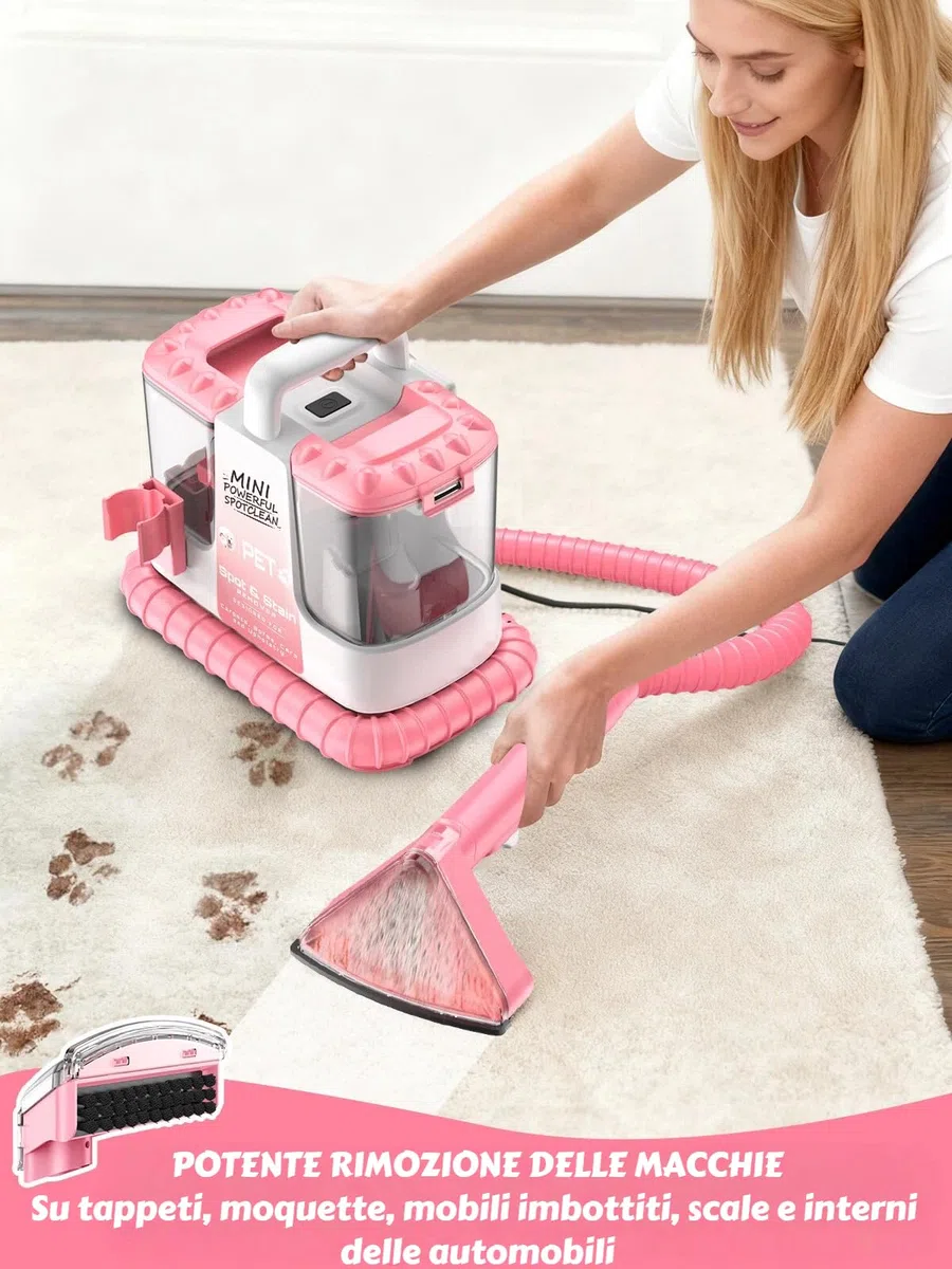 Lavatappeti Portatile, 600W Lava Tappezzeria per Tappeti, Doppio Serbatoio Acqua, Auto Pulizia, 16kPa Potente Aspirazione, per mobili imbottiti, per tappeti, auto, design leggero e compatto, Rosa