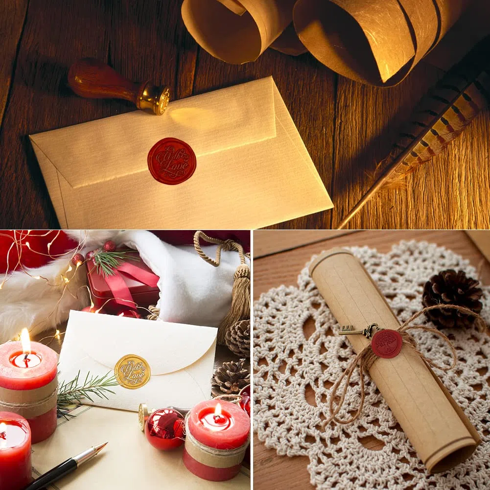 Kit Sigillo Ceralacca Retro Cera Timbro per Ceralacca con Sigilli Cucchiaio Candela Bastoncini di Cera per Busta Etichetta Matrimonio Natale (con amore + albero della vita)
