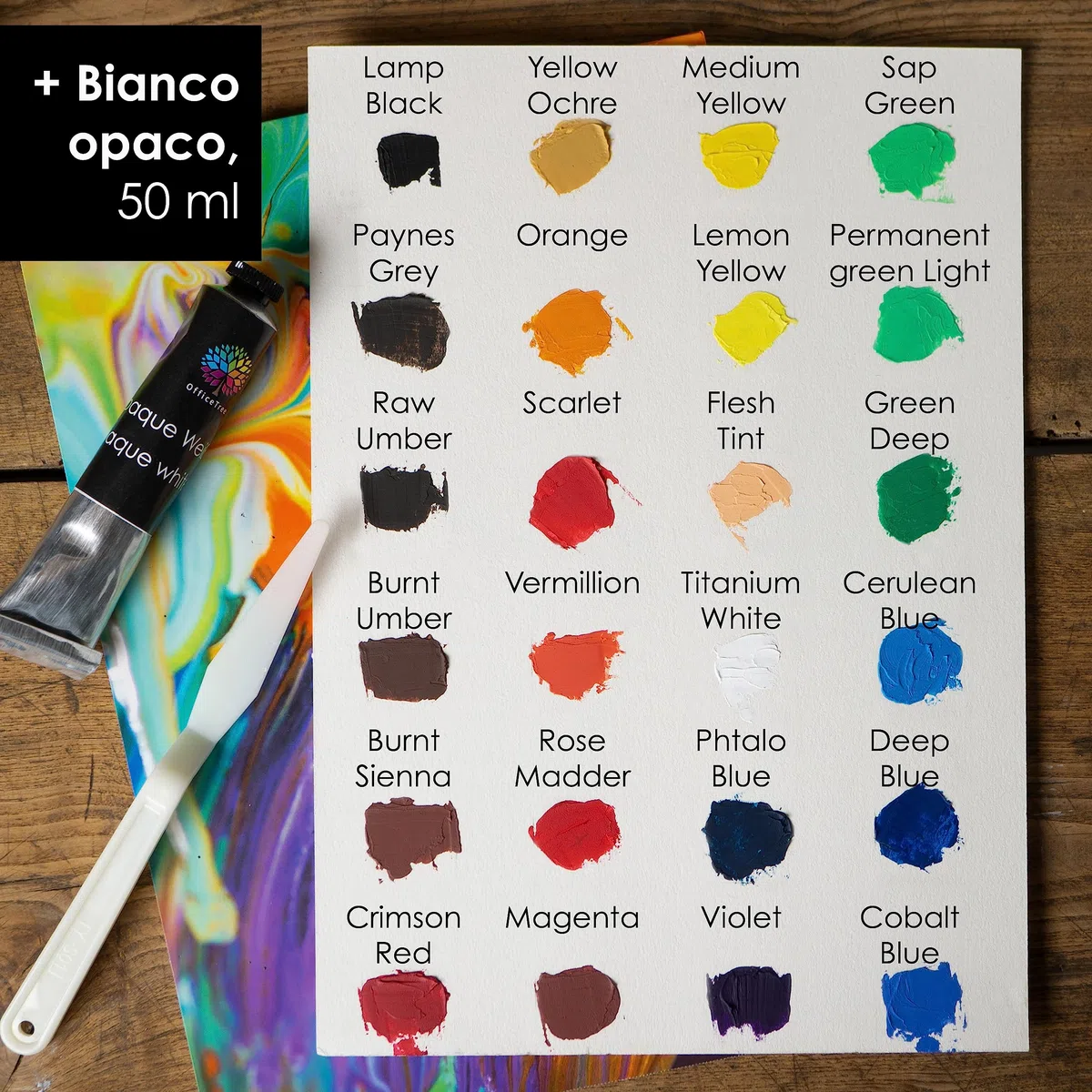OfficeTree 24x 12 ml Kit pittura olio con pennello e tavolozza - Kit per la pittura con accessori - Colori ad olio per pittura su tela con trementina, fissante e blocco per pittura - Set dipingere
