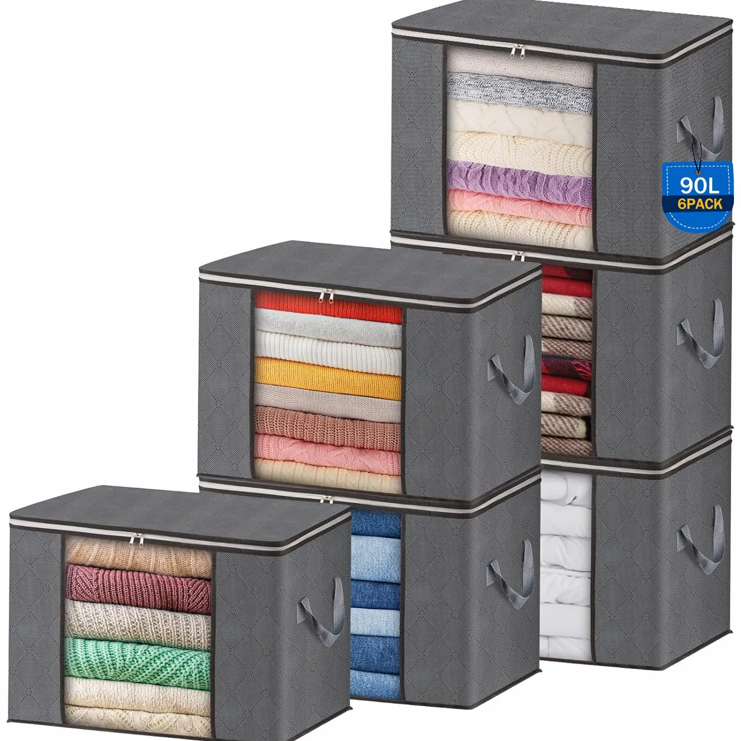 AIOR 6pcs Scatole per Armadio Salvaspazio, 90L Grande Capacità Borsa Porta Abiti con Finestra Trasparente, Pieghevole Traspirante Organizzatore Borsa per Trapunte, Coperte, Biancheria da Letto