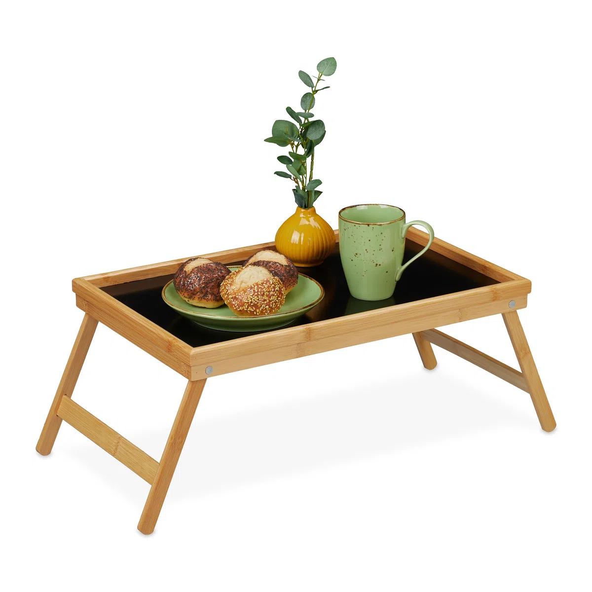 Relaxdays Vassoio Colazione a Letto, Tavolino bambù, Gambe Richiudibili Bordo Rialzato 23 x 61,5 x 31 cm, Marrone Nero