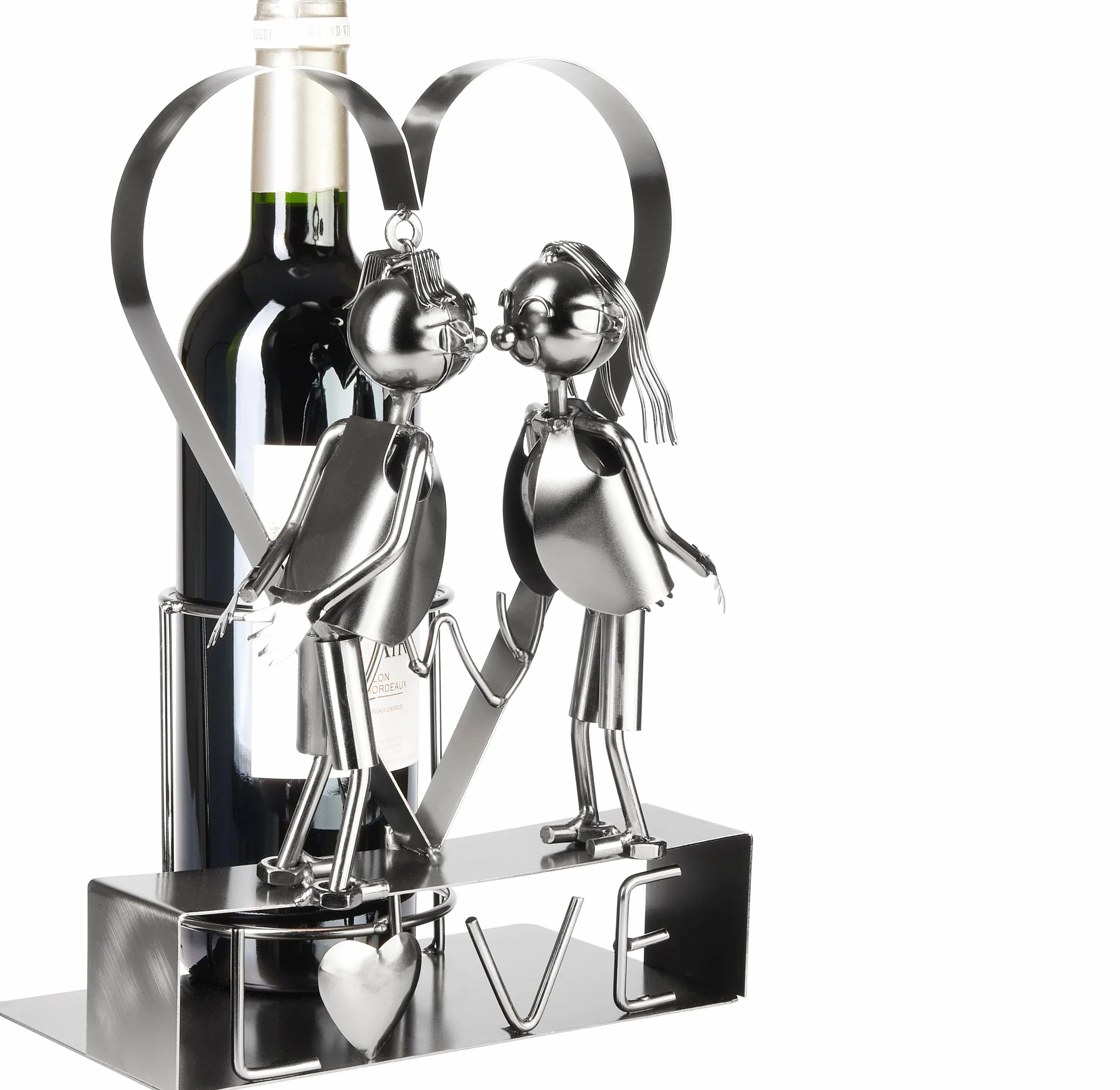 Brubaker Portabottiglie da Vino LOVE Coppia di Innamorati in un Grande Cuore di Metallo - 29 cm Regalo per Coppie al Matrimonio o al Compleanno - Portabottiglie da Vino con Biglietto di Auguri