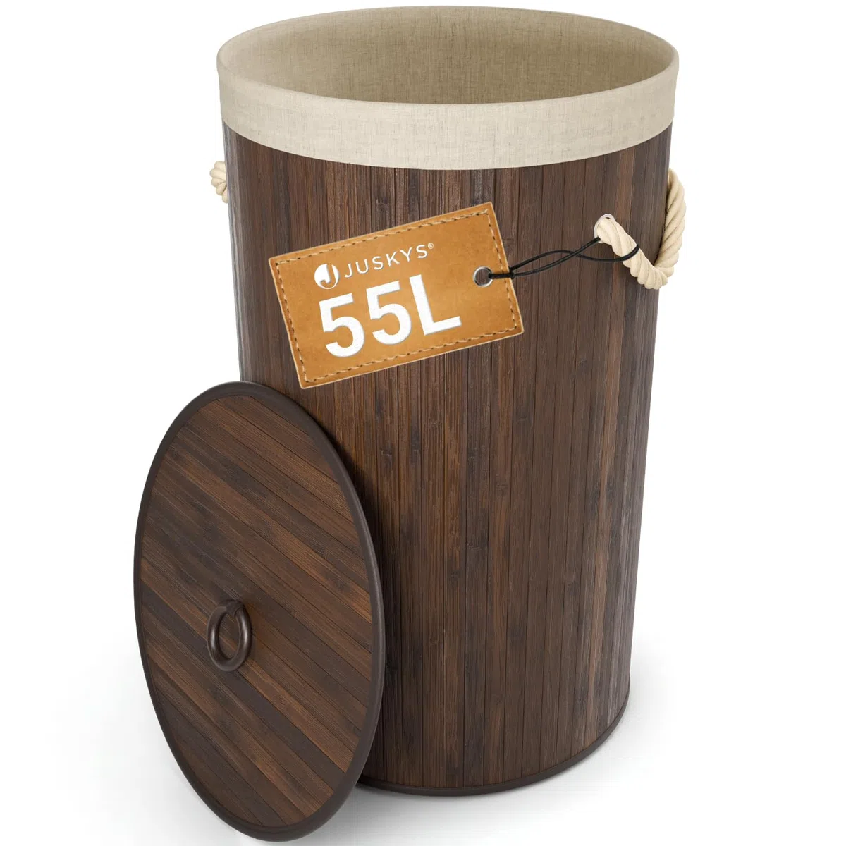 Juskys Cesto da bucato in bambù Curly-Round - capacità 55 litri - Cestino da biancheria con coperchio, maniglie di trasporto e sacca in tessuto - Cesto biancheria a 1 scomparto - marrone