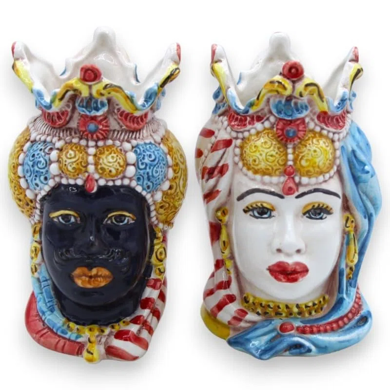 SICILIA BEDDA CAPACI Teste di Moro Siciliana in Ceramica di Caltagirone Realizzata e Dipinta a Mano - Vasi per Piante da Interno ed Esterno - H 13/14 cm - Multicolore - MOD. Emiro (Coppia)
