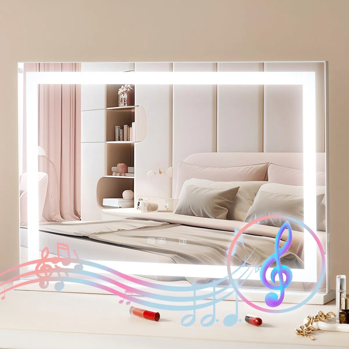 VEVOR Specchio per Trucco Illuminato con Lampadine LED da Banco Specchio per Trucco 3 Modalità di Illuminazione a Colori con Specchio Ingranditore 5X Bluetooth Controllo a Tocco 797x547mm, Bianco