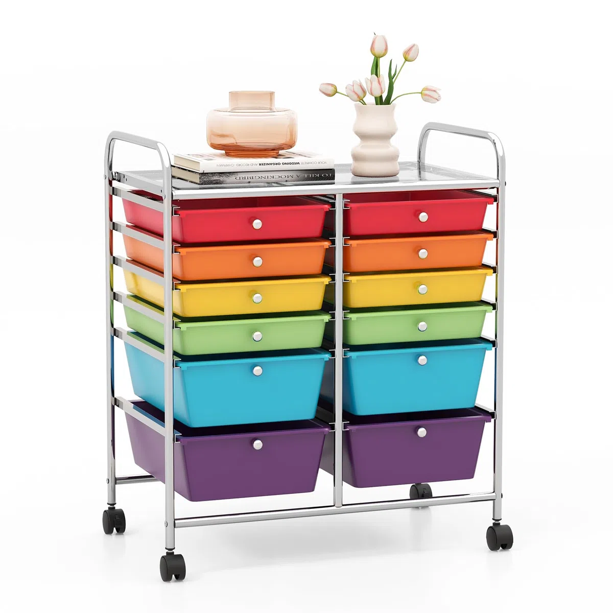 GYMAX Carrello Portaoggetti con Ruote, 12 Cassetti, Carrellino Organizzatore Salvaspazio, per Uffici, Parrucchieri, Studio, Soggiorno, 64 x 38 x 75 cm (Multicolore)