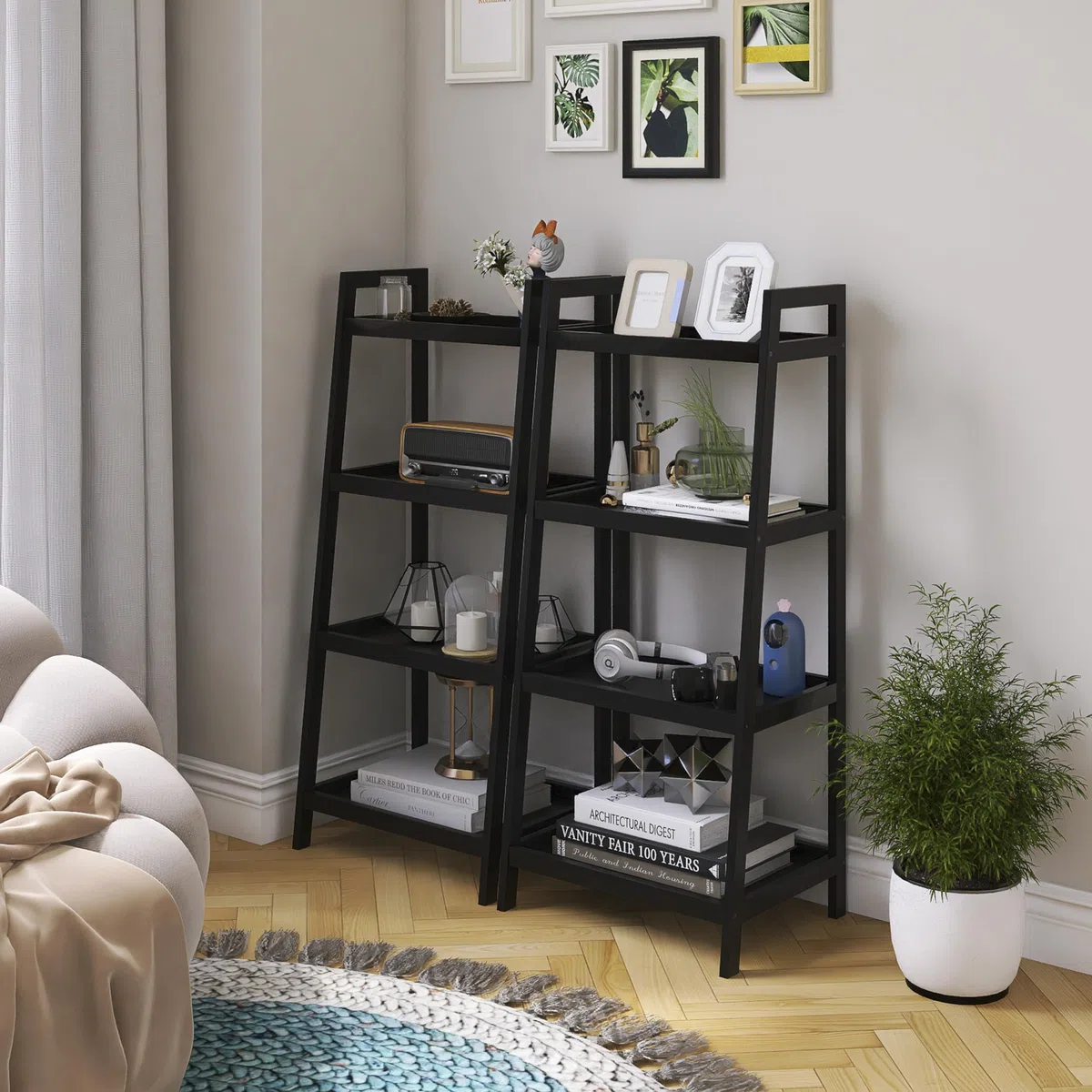 SMIBUY Libreria a scala in bambù, organizer per rack da bagno, espositore per piante autoportante a 4 e 5 livelli Scaffali salvaspazio per camera da letto, cucina (Nero, 4 livelli (99cm H))