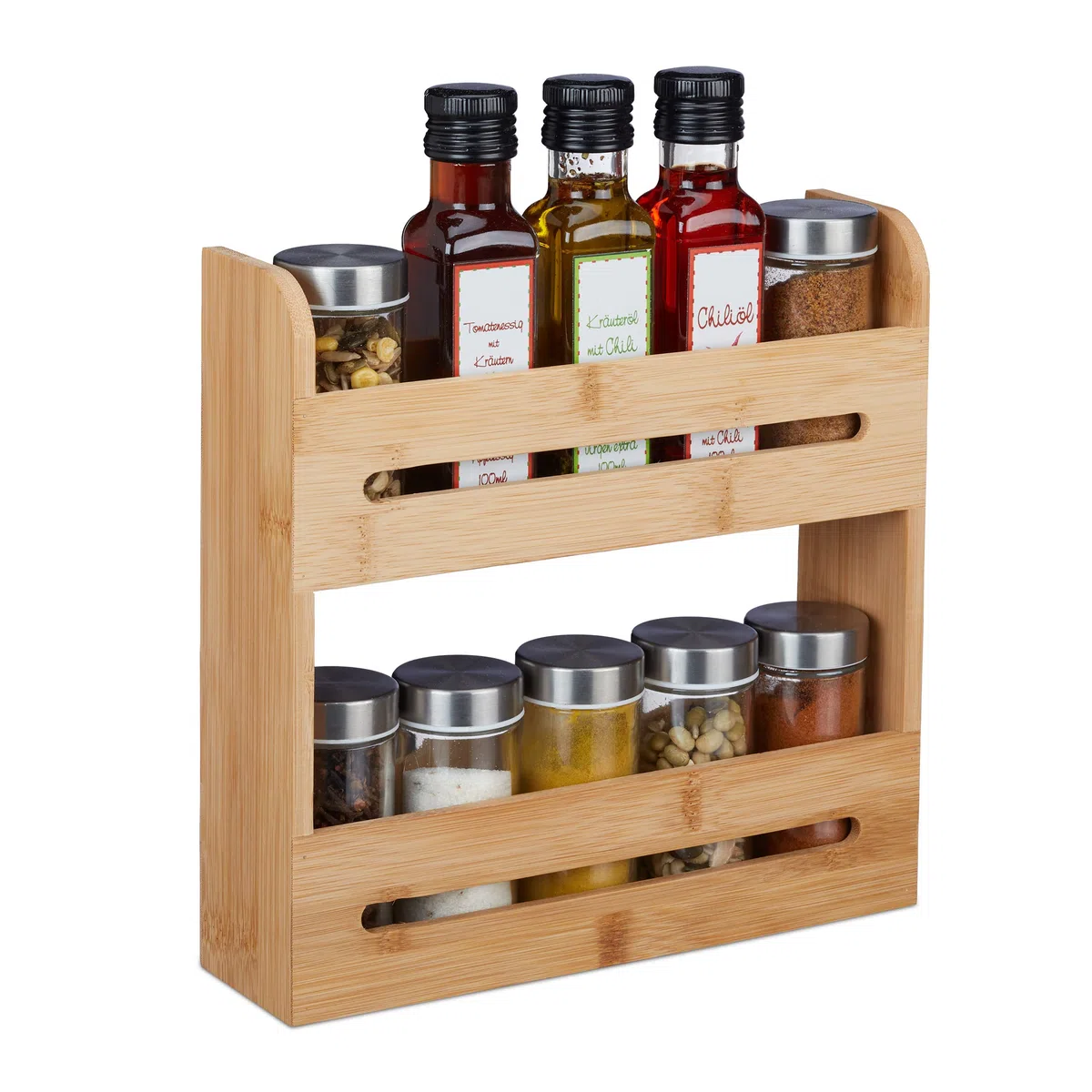 Relaxdays Portaspezie in bambù, Organizer per Spezie con 2 Ripiani, HLP: 25 x 25 x 7 cm, Espositore Spice Rack, Naturale