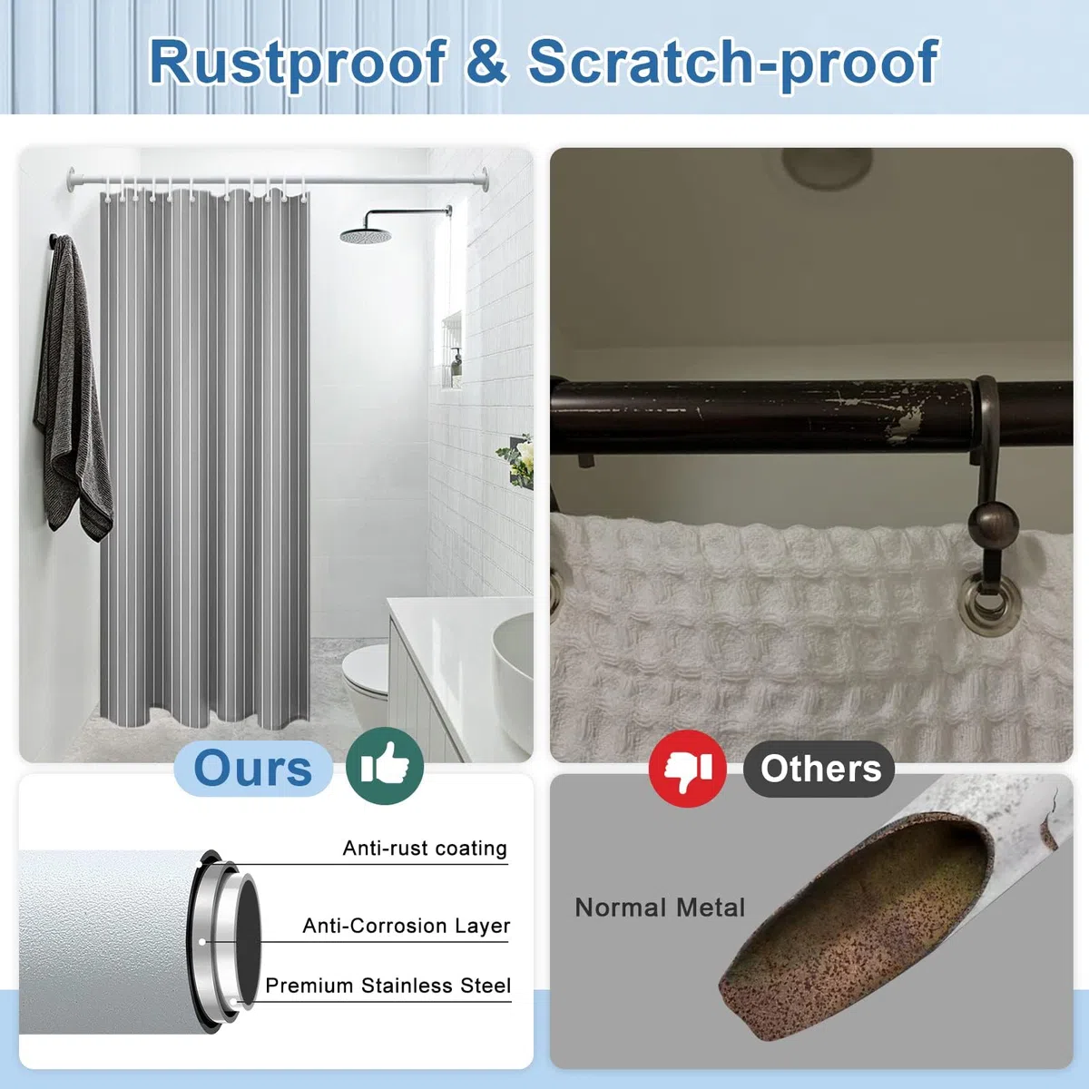 Bastone per tende 70-230 cm, Bastone per tende da doccia estraibile bianco opaco per bagno, finestra, guardaroba