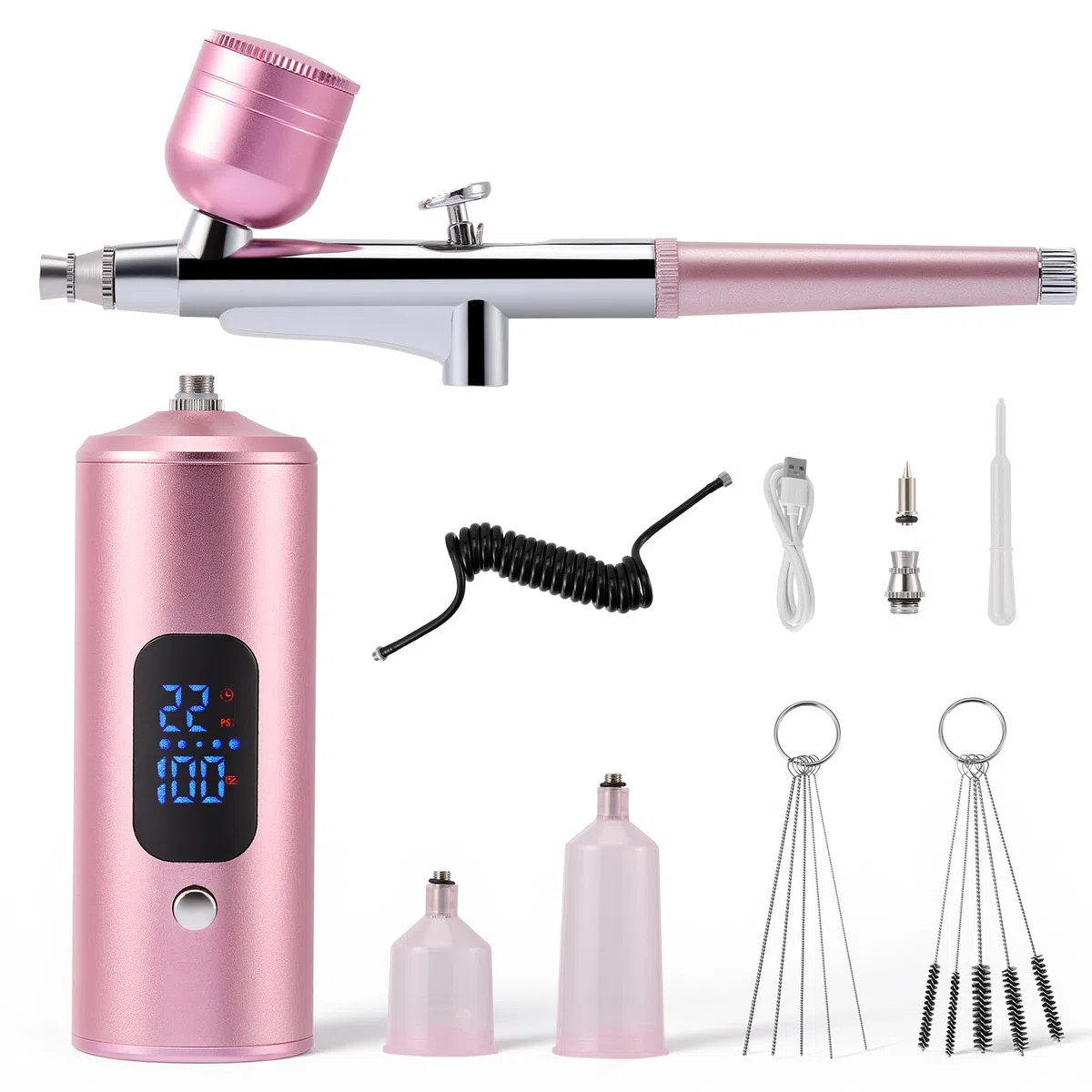 Kit aerografo con compressore, completamente senza fili con batteria, aerografo a 3 livelli fino a 38 PSI per torte, unghie, modellismo e body painting (Rosa)