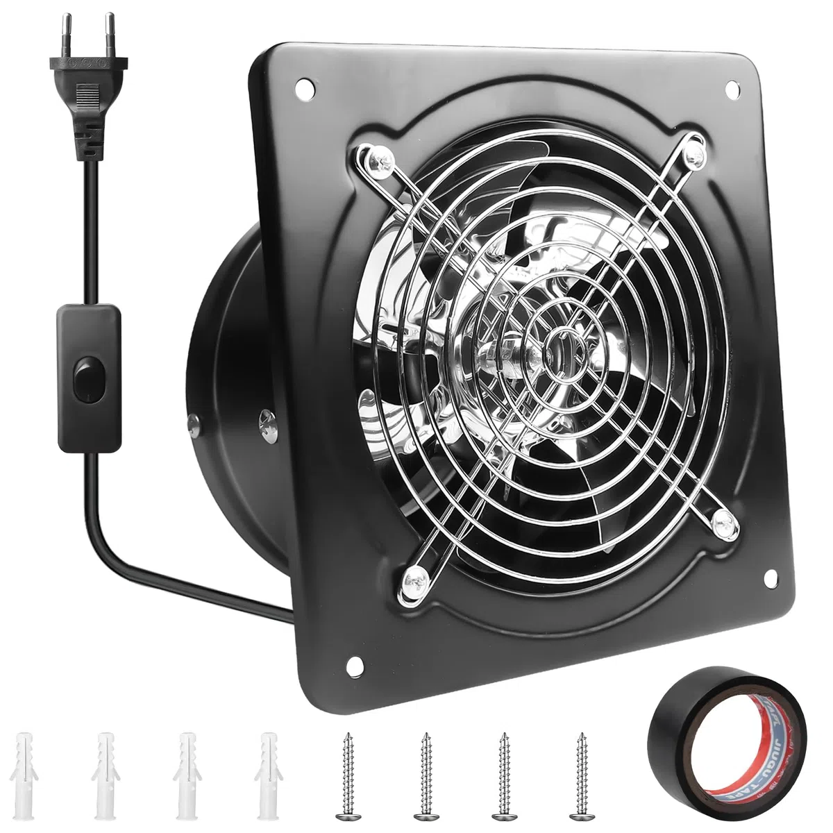 Aicharynic Ventilatore di scarico da 150 mm, 525 m³/h, con valvola di ritorno, silenzioso, in metallo, 38 W, spina europea, 6 pollici, ventola assiale per cucina, bagno, garage, piano inferiore, nero