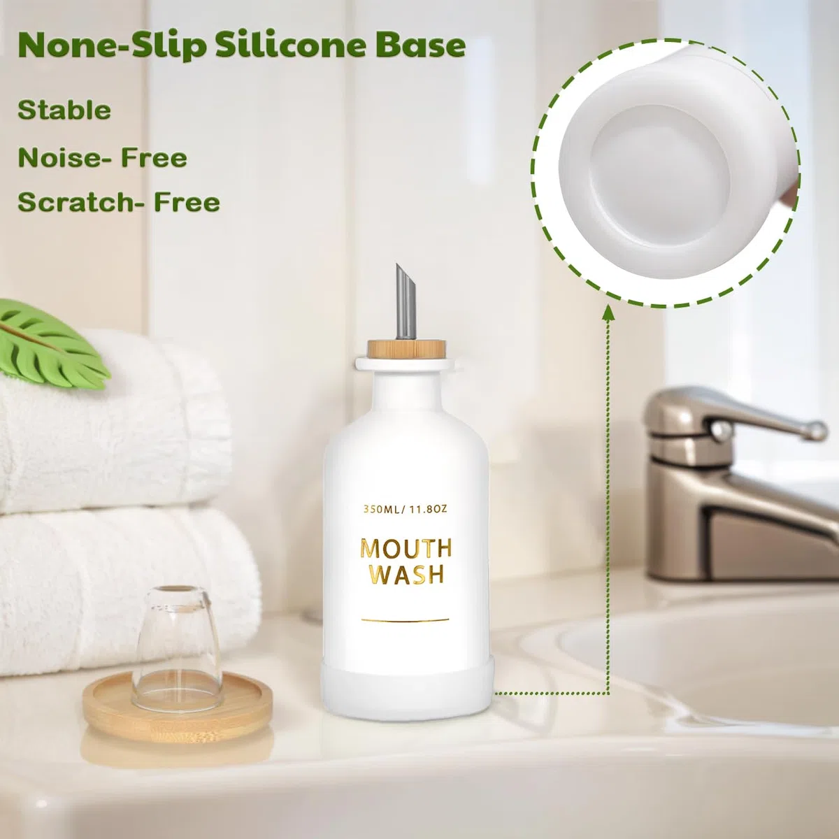 Dispenser per collutorio da bagno 334,5 g, bottiglia di collutorio in vetro con tazza e vassoio in bambù, scritta dorata stampata a caldo, accessorio da bancone in stile nordico, accessori da bagno