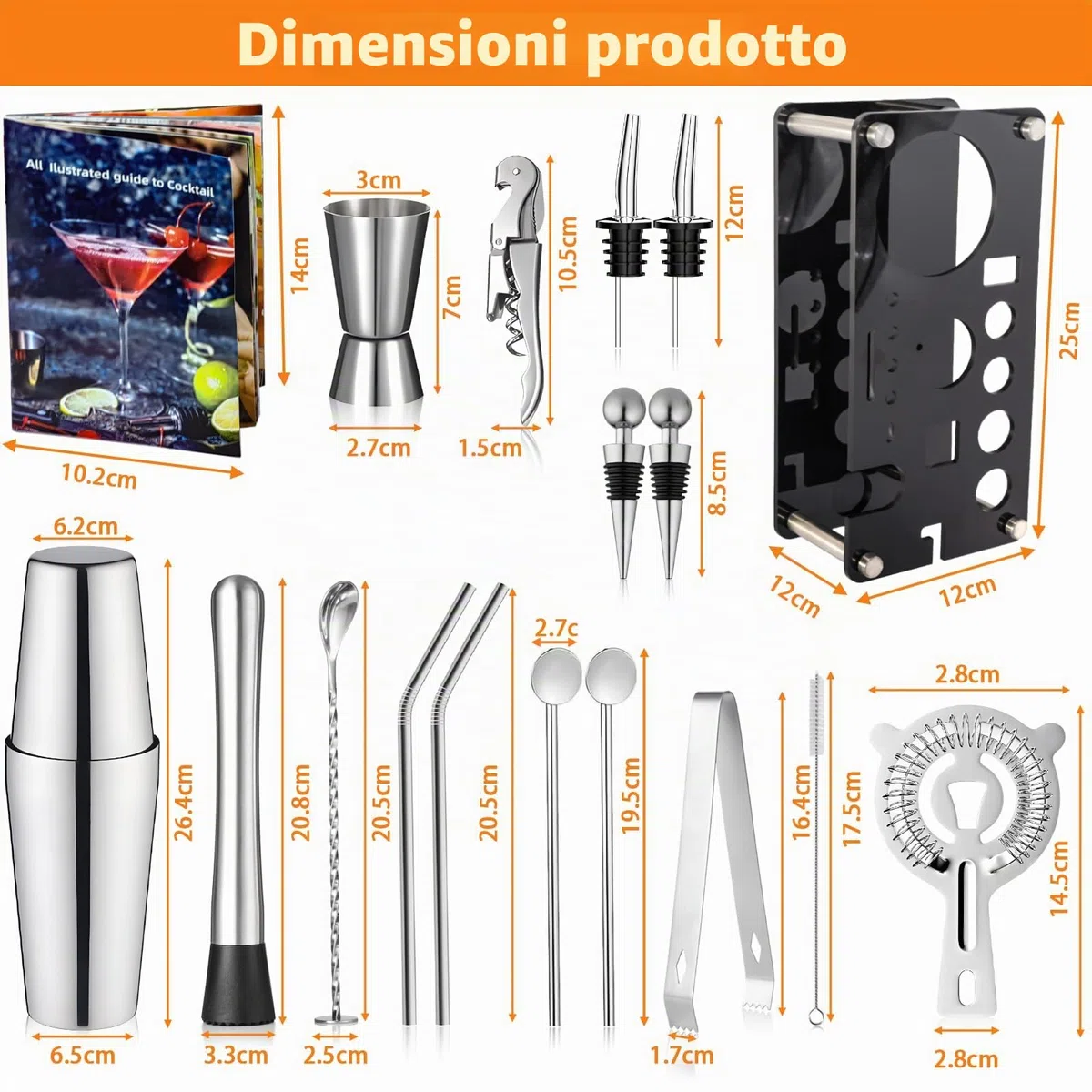 18 Pezzi Cocktail Shaker Set, Kit da Barman in Acciaio Inox, Kit Set Cocktail, Strumento Accessorio Barra Professionale, Set Regalo con Ricettario per Drink, Casa, Bar, Feste