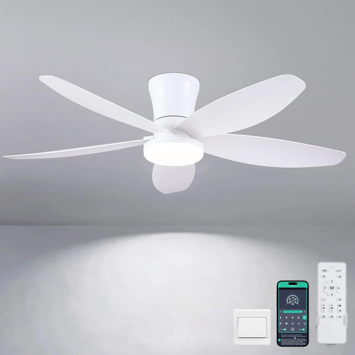 Ventilatori a soffitto con luci-106CM Ventilatore a soffitto a basso profilo con luce e controllo remoto/APP,DC reversibile, LED dimmabili Ventilatori a soffitto moderni per camera da letto(Bianco)