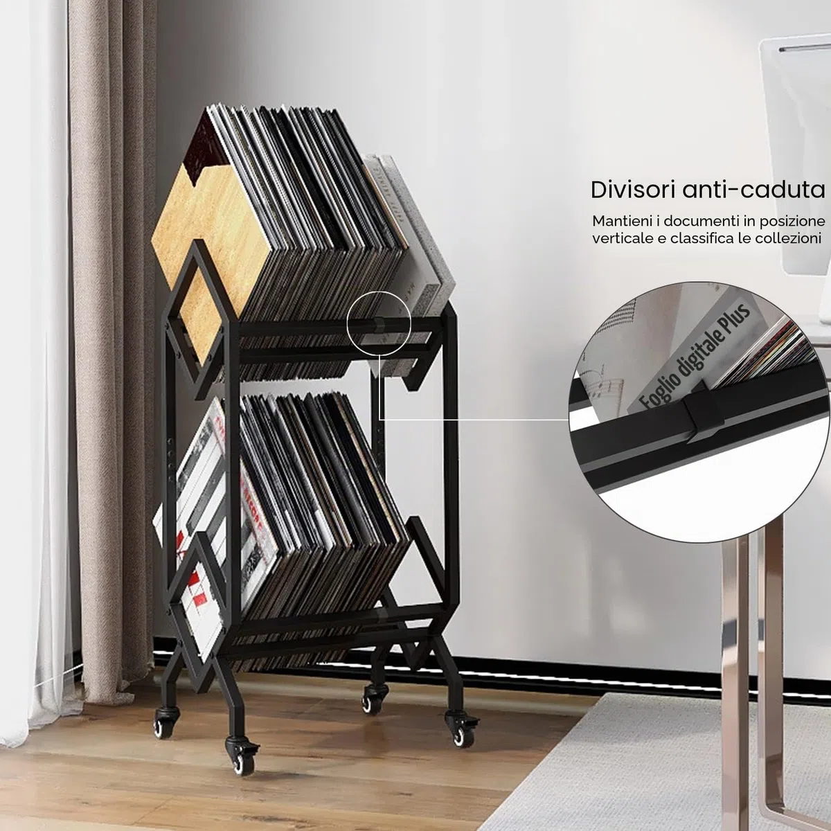 VEDECASA Supporto per dischi in vinile DJ con carrelli, facile da spostare, scaffale porta album mobile, supporto per riviste, organizer per file per ufficio - scaffale