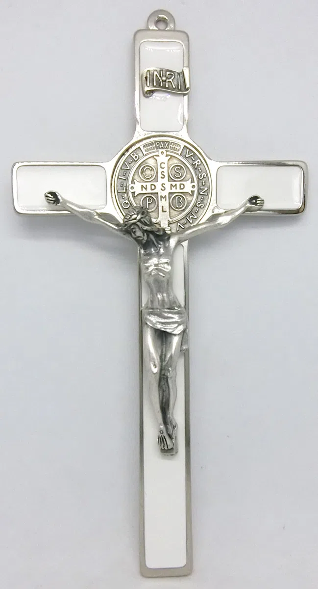 GTBITALY 10.004.11 croce di san benedetto eco economica argento smaltata a mano bianco prete sacerdote esorcista esorcismo suora chiesa 20 cm