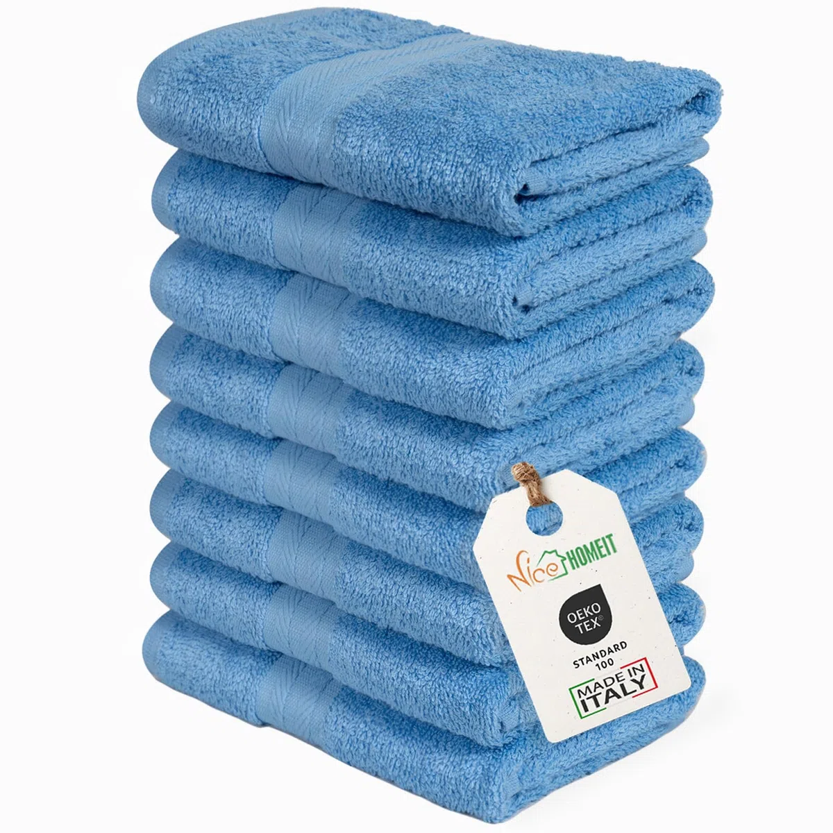 nice homeit Set 8 Asciugamani ospite in Cotone 35x55 in 100% cotone filato ad anello – set asciugamani bagno viso e bidet Extra Morbidi e Assorbenti. MADE IN ITALY - AZZURRO