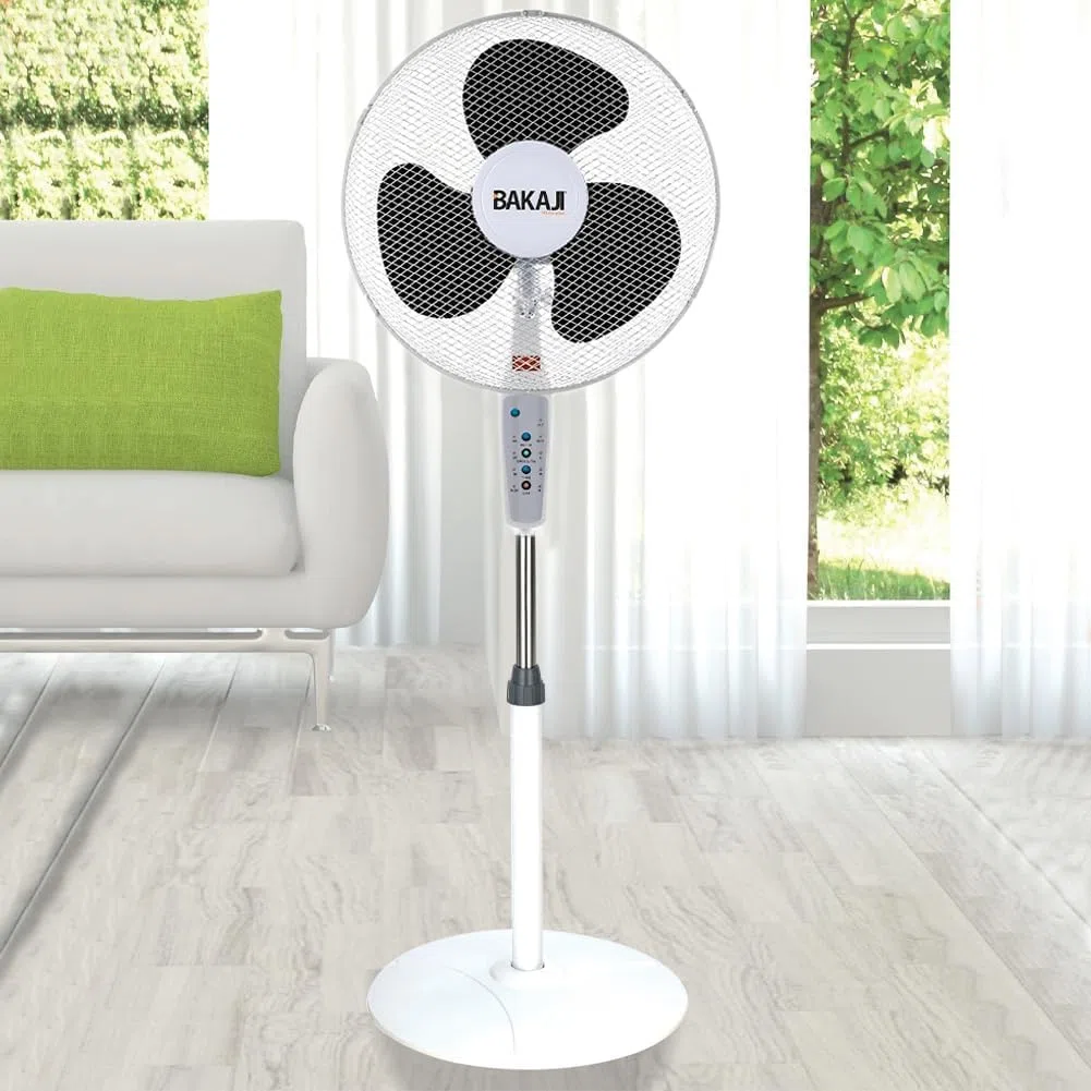 BAKAJI Ventilatore a Piantana con Telecomando, Potenza 50W 3 Velocità, Pale da 40 cm, Altezza ed Inclinazione Regolabile Fino a 130 cm, Funzione Timer, Base Rotonda, Oscillazione Orizzontale (Bianco)