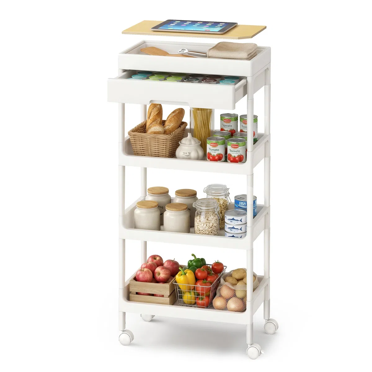 SONGMICS Carrello a 4 Ripiani, Carrello Scaffale da Cucina con Ruote, con Ripiano Rimovibile e Cassetto, in Plastica, Facile da Montare, Bianco e Rovere Dorato BSC070W101