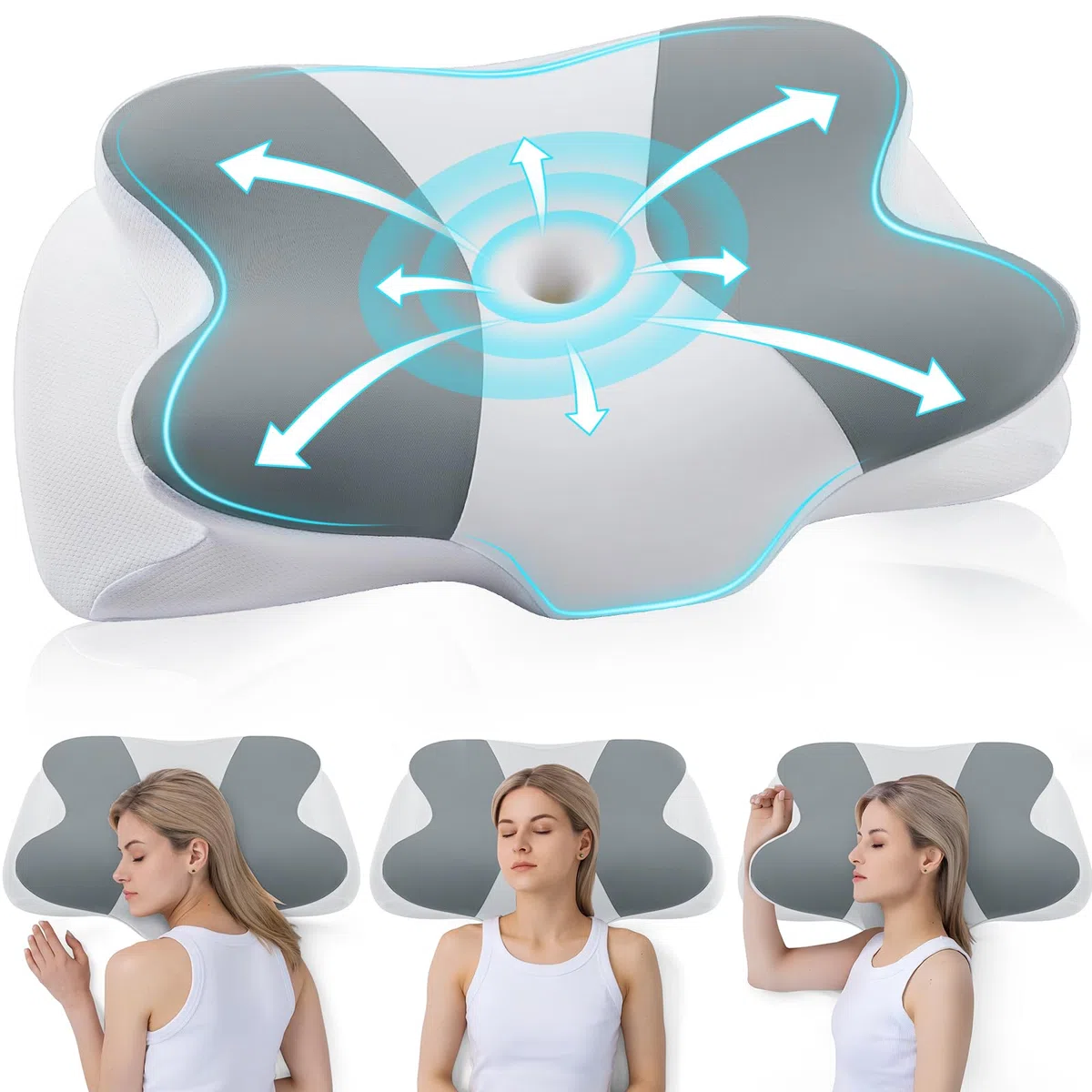 DONAMA Cuscino Cervicale in Memory Foam, Cuscino Ergonomico per Dormire su Fianco, Schiena e Stomaco, con Federa Sfoderabile e Lavabile (Grigio Chiaro, 62x37x12 cm)