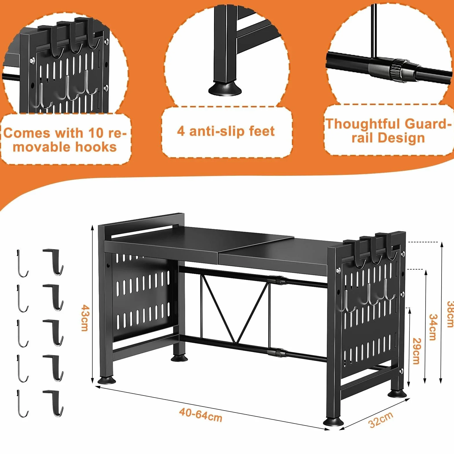 UCAMP Mensola Microonde Estensibile,Regolabile Microonde Scaffale,Acciaio Carbonio Ripiano Contatore Cucina Organizzatore Ripiani,Scaffale Salvaspazio,Supporto Microonde con 10 Ganci