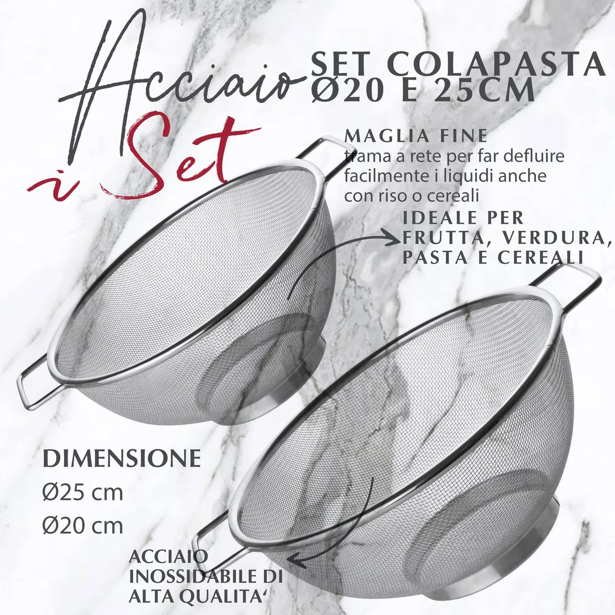 Fackelmann Set Scolapasta 20 e 26 cm, Colapasta In Acciaio Inossidabile - Rete Fine Per Drenaggio Rapido - Per Quinoa, Cereali, Riso, Frutta, Verdura E Pasta - Lavabili in lavastoviglie