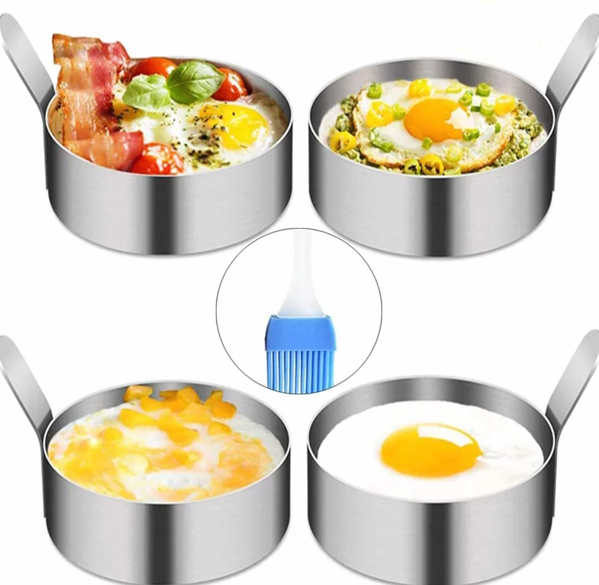 4 PZ 9cm Anello di uovo, per Cuocere Uova Fritte, Pancake, Omelette e Molto Altro Ancora, Antiaderenti(Pennello per Oliare Incluso)