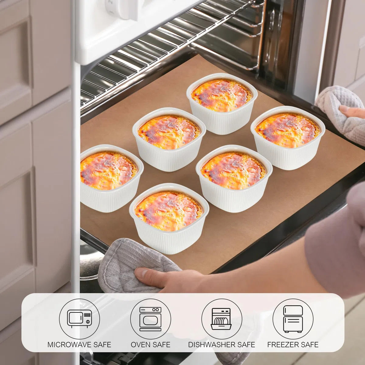 FoiiLiio 6x stampi per soufflé,210 ml Pirottini in Ceramica,Mini Ciotole in Porcellana per Creme Brulè,ciotole in ceramica per creme brulee,Resistenti al Forno,Bianco,Quadrato