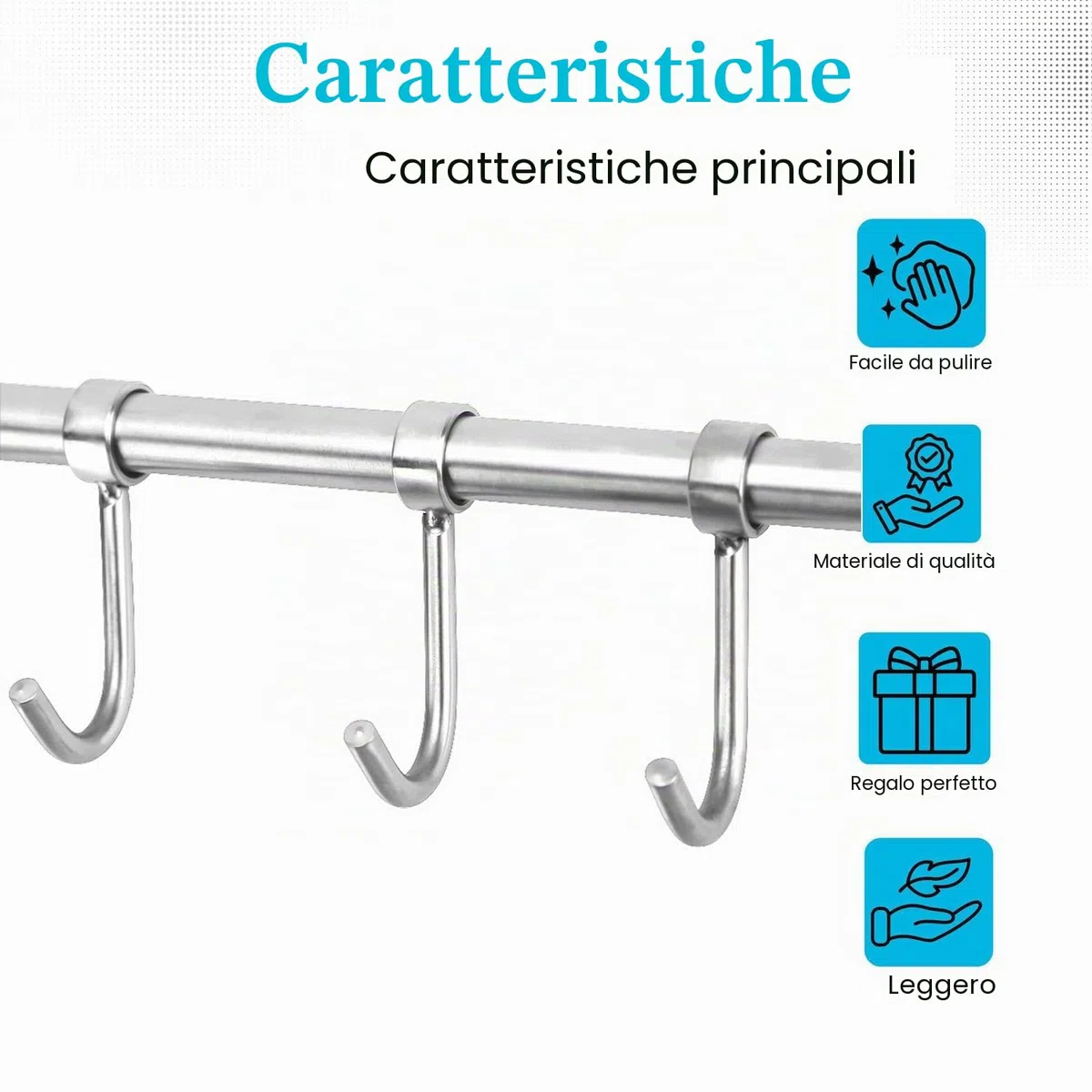 Intirilife Appendiabiti per la Cucina in Acciaio Inox con 6 Ganci mobili da forare - 35.8 x 3.4 x 2.2 cm - ringhiera Cucina Gancio Porta Utensili Cucina Asta Porta Bicchieri da Parete
