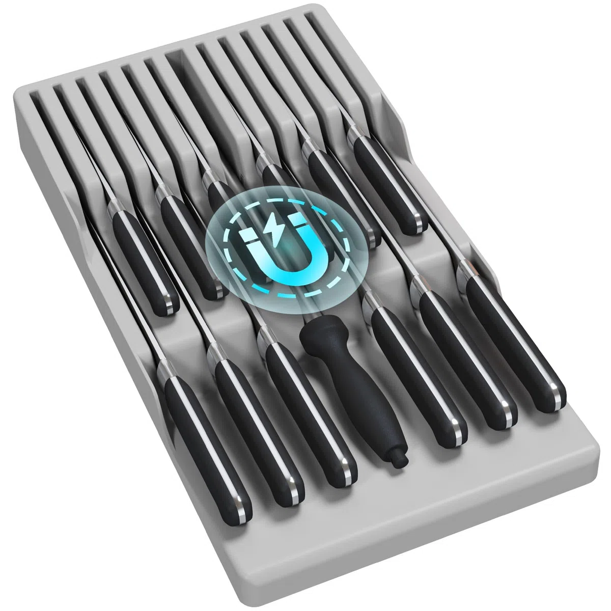 Lifewit Inserti magnetici per raccoglitori di coltelli da cucina, in plastica per cassetti per 12 coltelli e 1 affilatura, set di supporti per coltelli da bistecca, colore grigio
