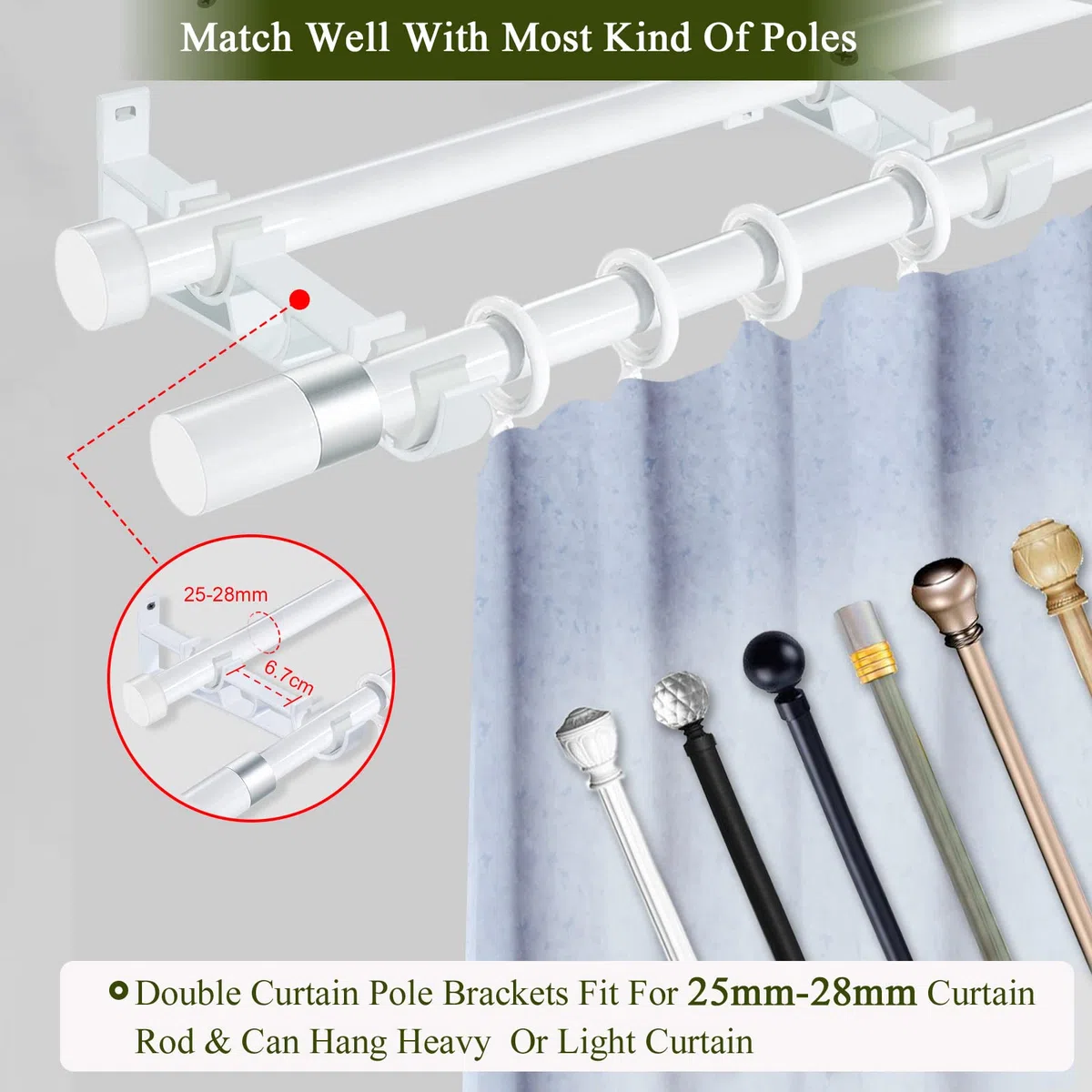 Supporti per aste per tende, confezione da 4 Staffe doppie per aste per tende da 28 mm, supporti per binari per tende resistenti, staffe bianche per aste per tende, ganci di supporto per bastoni per