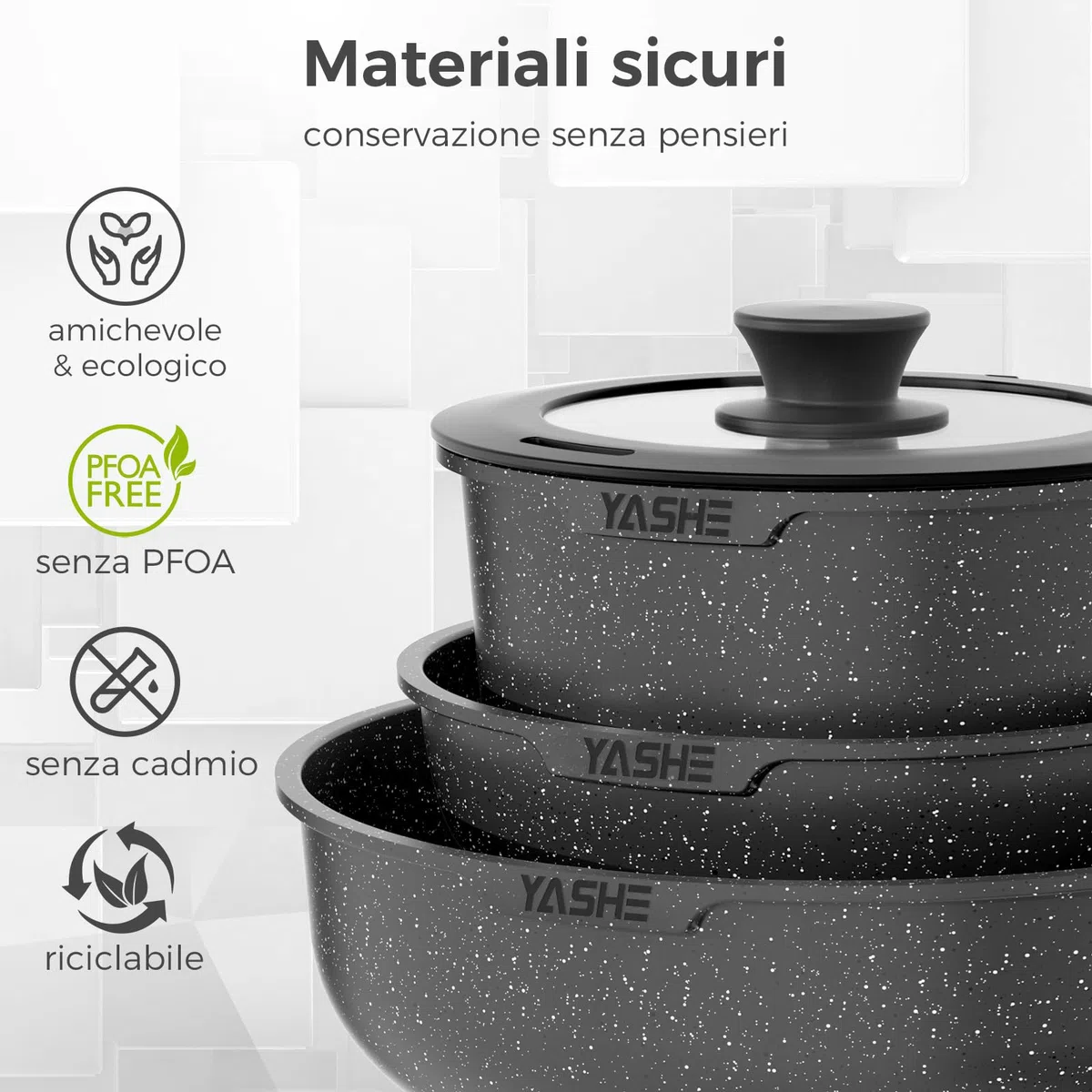 YASHE Set da cucina 15 pezzi, pentole e padelle con rivestimento antiaderente in granito, manici rimovibili, impilabili, facili da pulire, compatibili con induzione, gas e vetroceramica