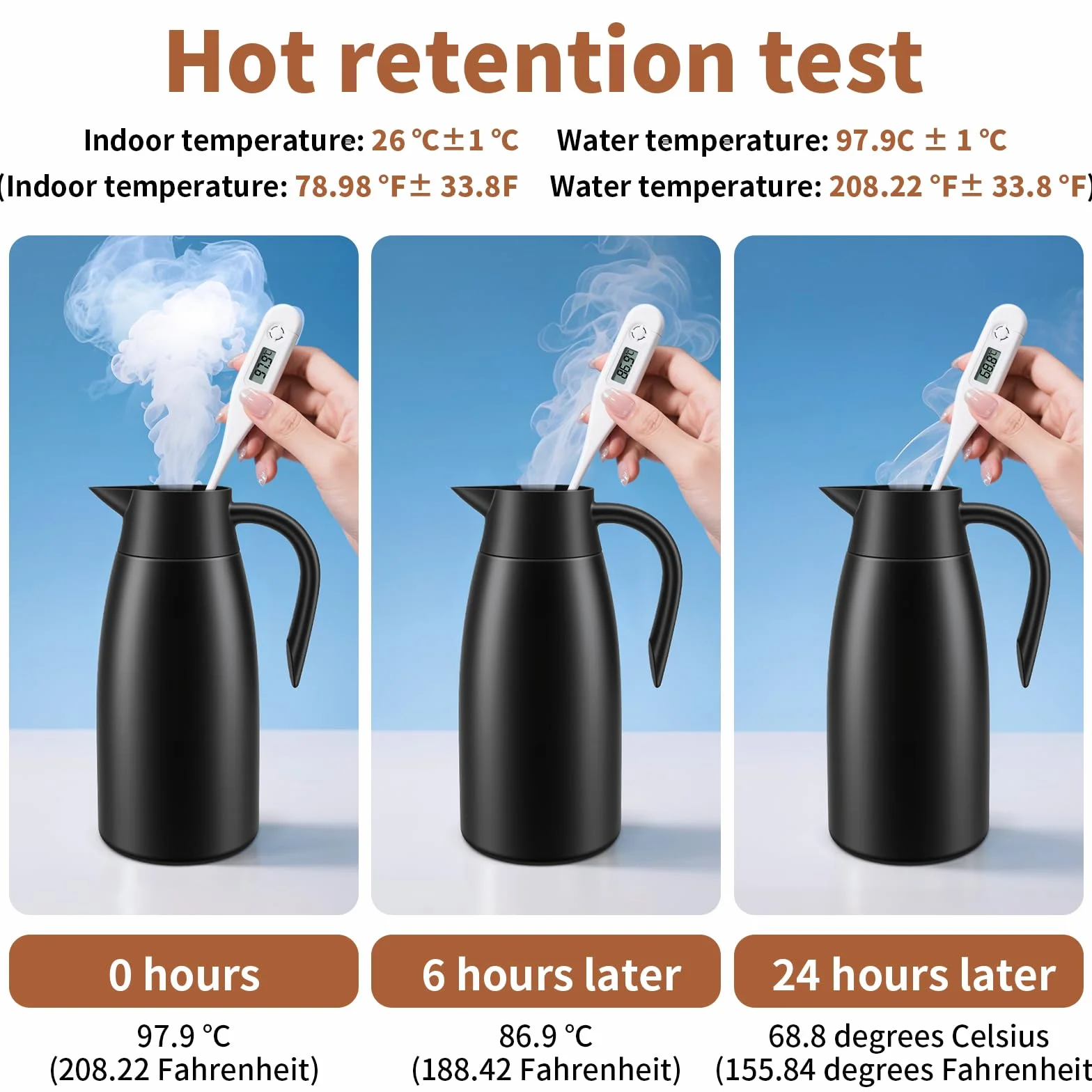 2 Litri Caraffa Termica, Caffe Acciaio Inox 304 Bollitori Sottovuoto Isolati, Si Mantiene Caldo per 24 Ore per il Caffè, Tè e altre Bevande Calde e Fredde, Nero
