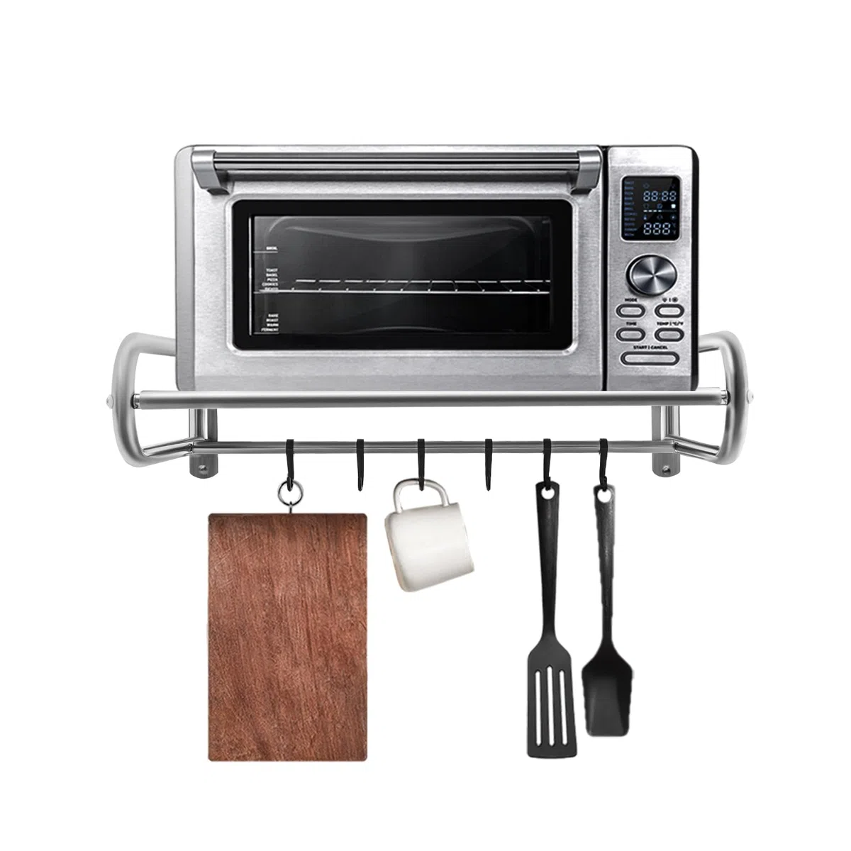 Mensola per forno a microonde, in acciaio inox, montaggio a parete, con 6 ganci mobili, supporto a parete per forno, microonde (argento)