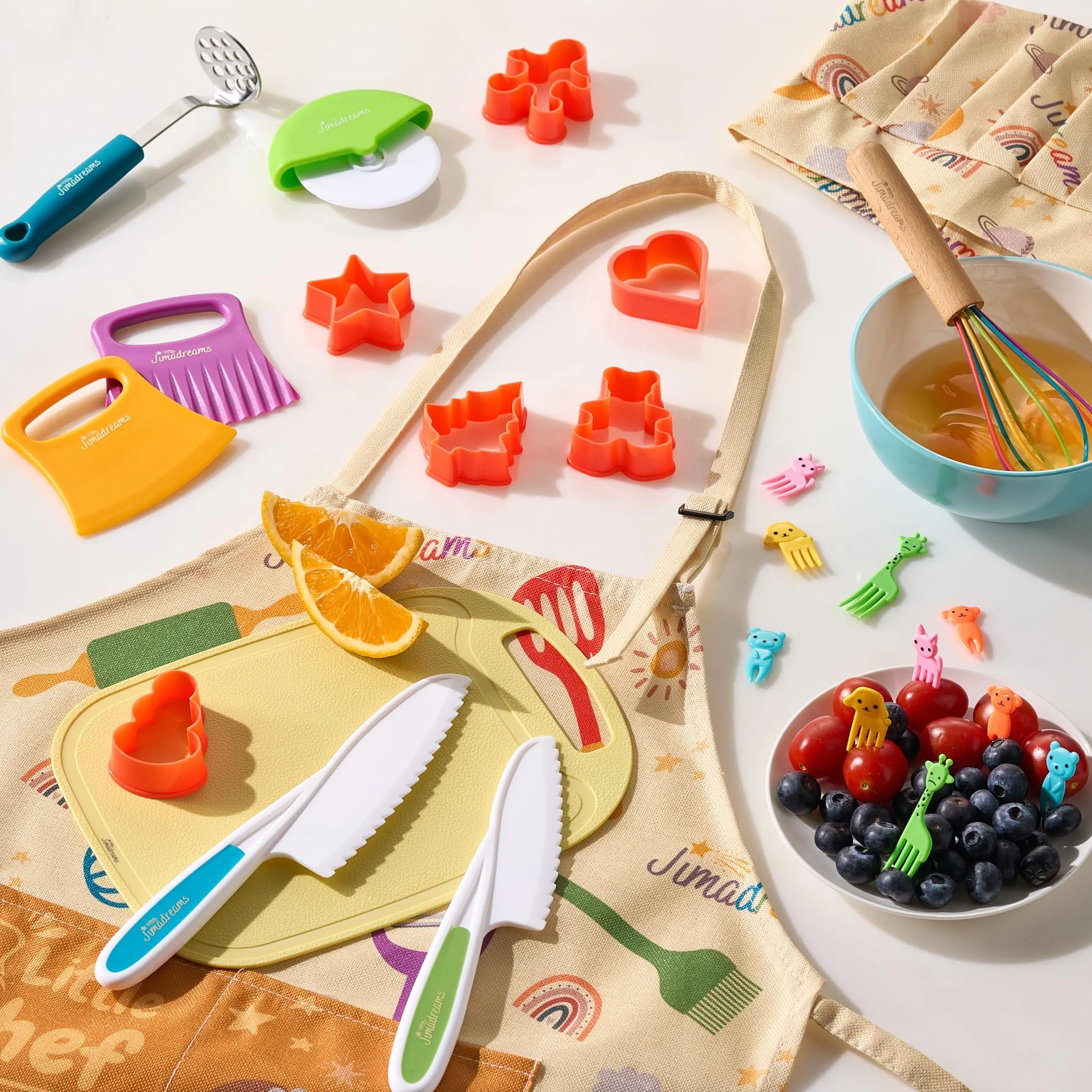 Set Cucina Bambini Montessori con Coltelli Antitaglio, Utensili Veri e Sicuri, Grembiule e Cappello da Chef - Kit Cucina e Pasticceria per Bambini - Regalo Bambina e Bambino dai 3 Anni