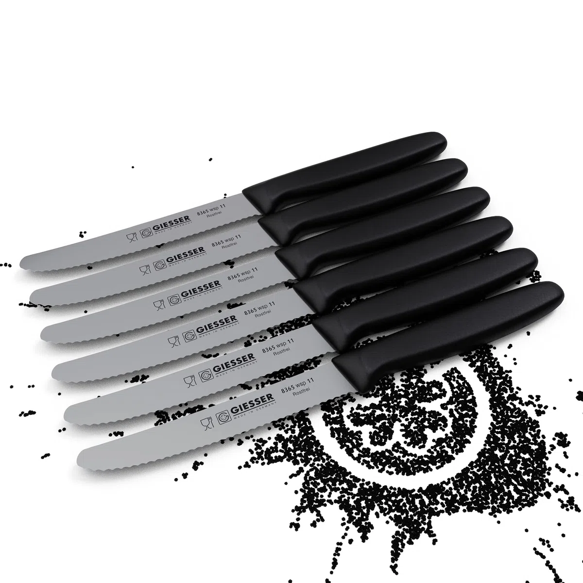 Giesser since 1776 - Made in Germany - Set di 6 coltelli da pomodoro, neri, lama di 11 cm, antiscivolo, piccolo coltello verdura lavabile in lavastoviglie, inossidabile