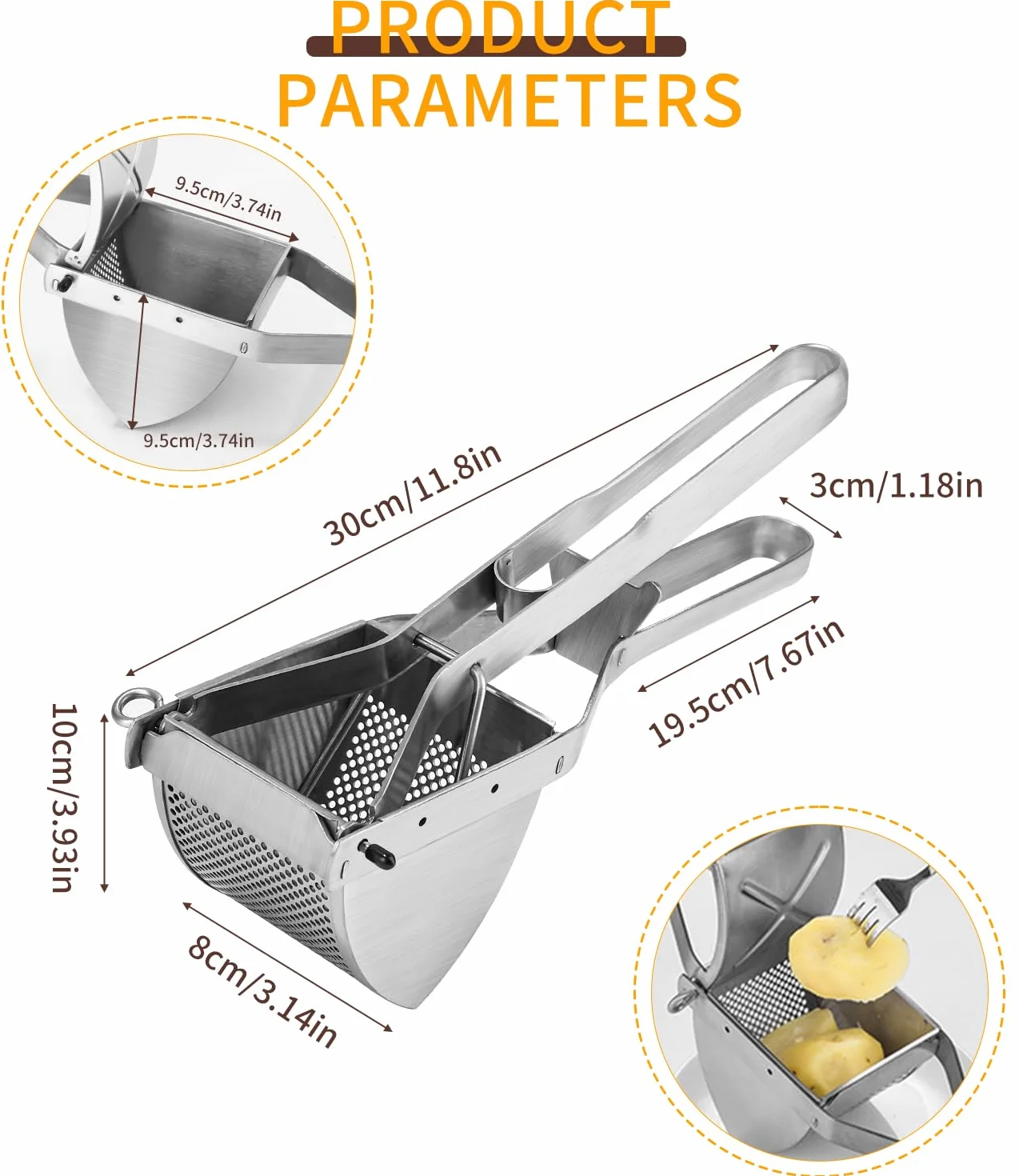 Yulado Schiacciapatate Acciaio Inox con Coltello Per Sbucciare E Spazzola Per La Pulizia, Schiaccia Patate, Spremiagrumi Per Frutta E Verdura, Taglia Patate, Passaverdure, Gadget Per Da Cucina, Potato