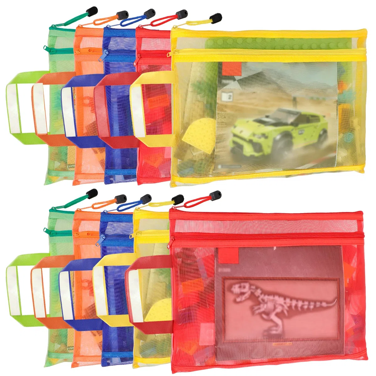 Sacchetti a rete con cerniera in 5 colori, 10 pezzi, formato A4, a doppio strato, in nylon, per riporre e organizzare giocattoli, traspirante, trasparente, con cerniera, con tasca per maniglia, per