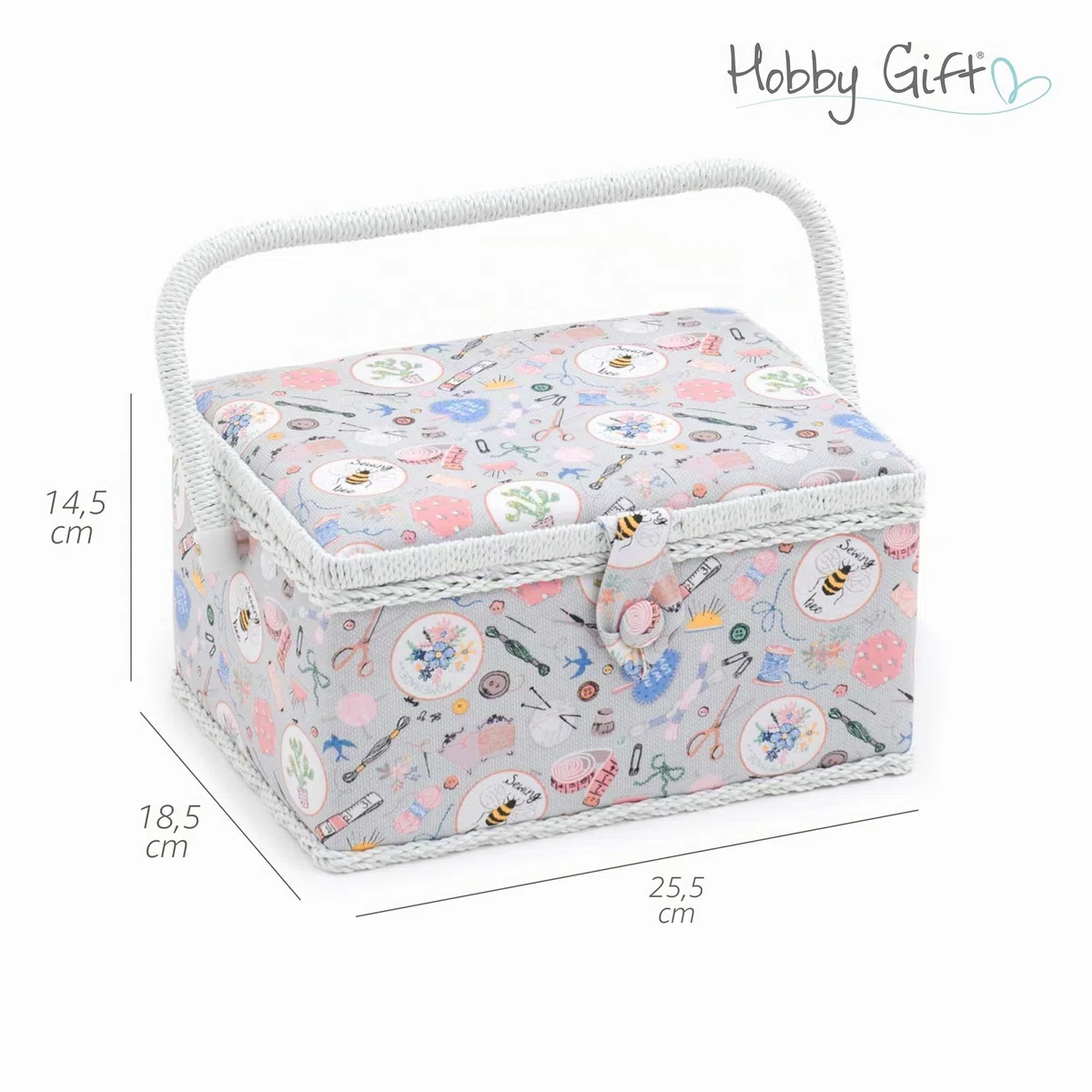 Hobby Gift Scatola Media per Cucito Kit con Manico - Cestino Porta Cucito in Cotone con Scomparti per Strumenti e Accessori Creativi - 18,5 x 25,5 x 14,5 cm, Fatto in Casa