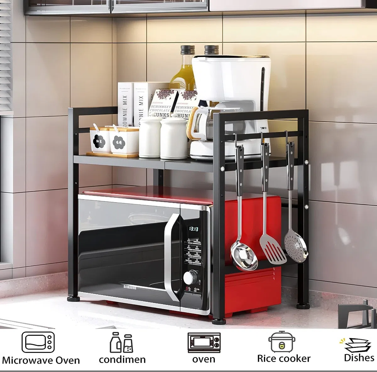 Mensola Microonde Estensibile, 2 Livelli Regolabile Scaffale, Acciaio Carbonio Ripiano Contatore Cucina Organizzatore 6 Ganci, Carico Pesante 60lbs (Nero)