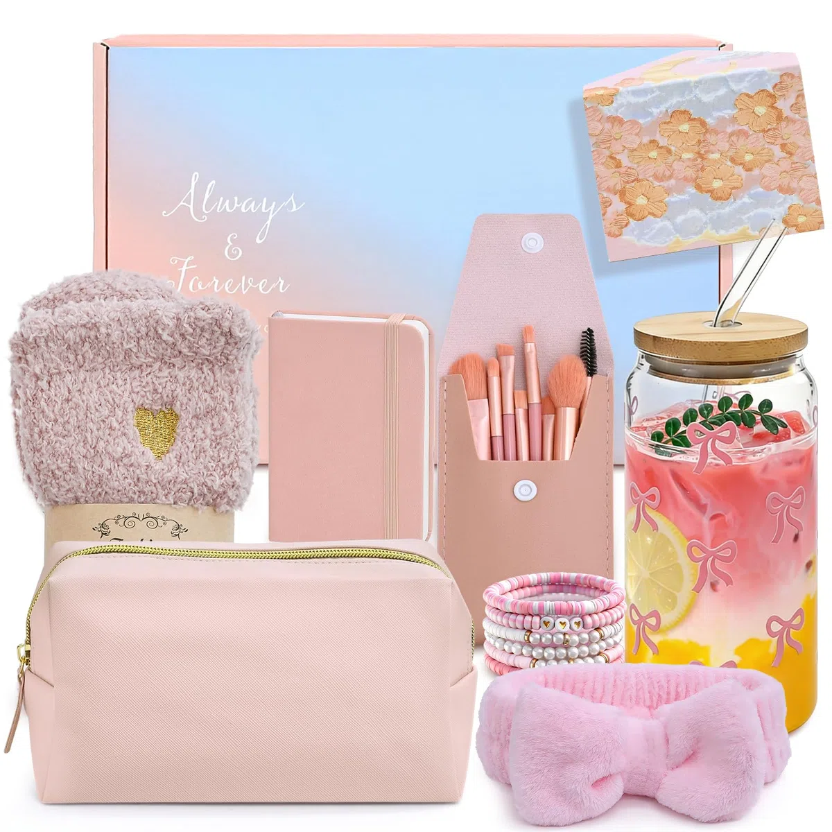 Regali per ragazze adolescenti 9, 10, 11, 12, 13, 14, 15, 16 anni, con bicchiere da 500 ml con stampa a fiocco, pennello per trucco, trousse per il trucco, fascia, calze, braccialetto, taccuino