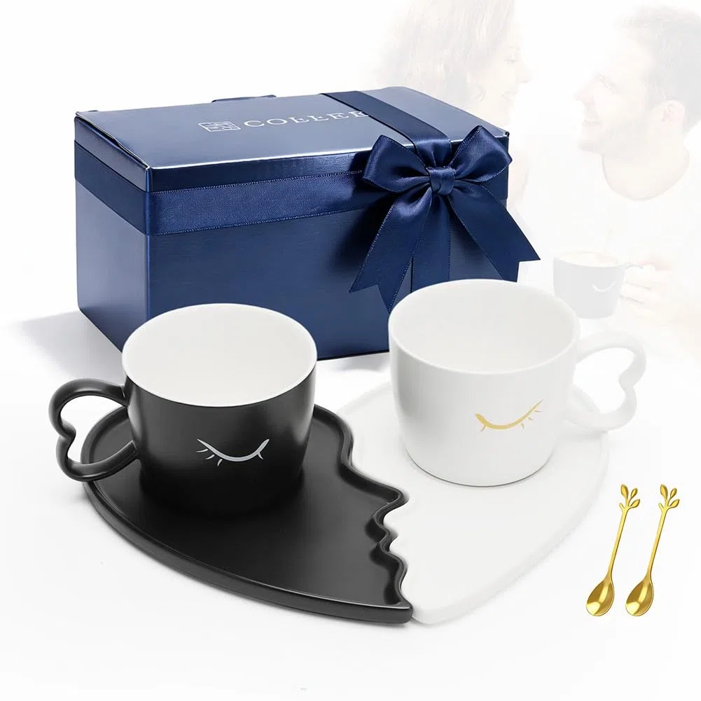 Yuraigm - Set di 2 tazze da caffè in ceramica con piattino, per coppie, matrimonio, fidanzamento, anniversario, regalo divertente per San Valentino