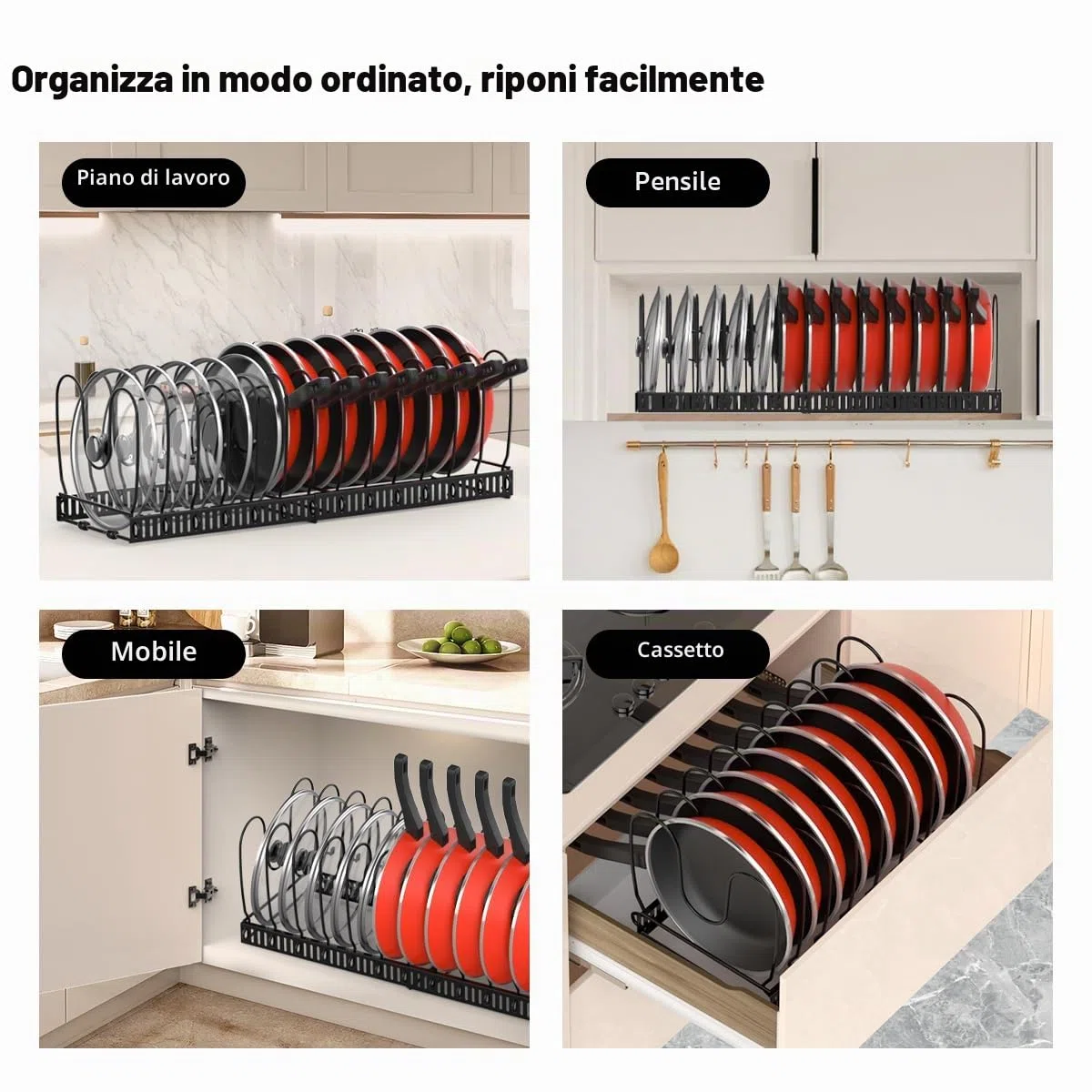 Housolution Porta Pentole e Padelle da Cassettone, Espandibile Porta Coperchi Pentole con 14 Scomparti Regolabili, Organizer Coperchi Pentole e Padelle per Cucina, Nero