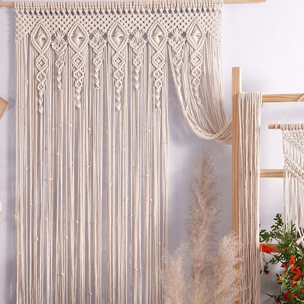 Tenda da porta in tessuto macramè, in cotone, da appendere alla parete, per finestra, arco, porta, sfondo, decorazione per la casa, beige (100 x 200 cm)