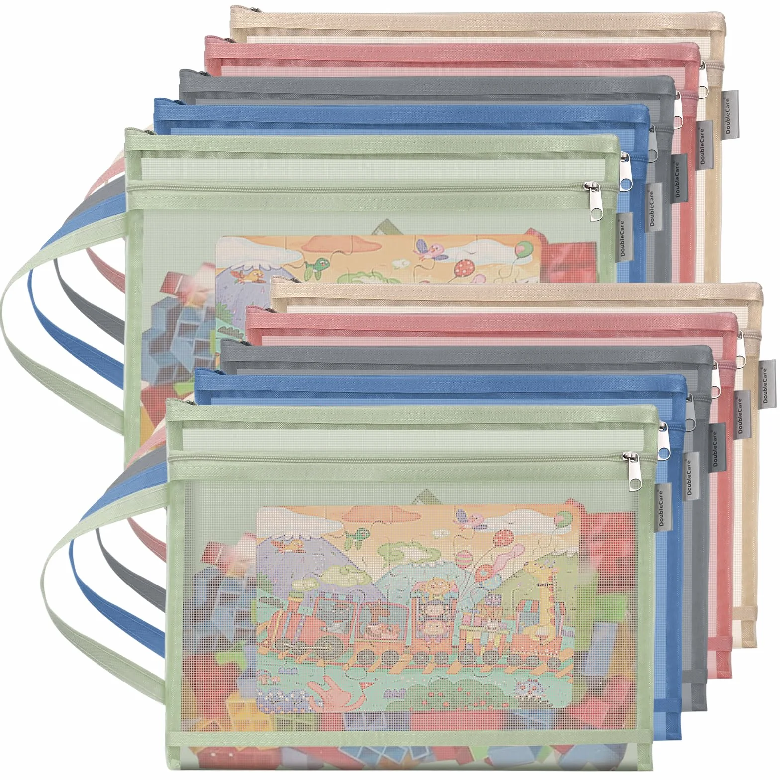 10 sacchetti portaoggetti con cerniera, in rete colorata, a doppio strato, per giocattoli, formato A4, con manico, adatti per riporre blocchi da costruzione, 𝐩𝐮zzle, libri, cancelleria, Colorato